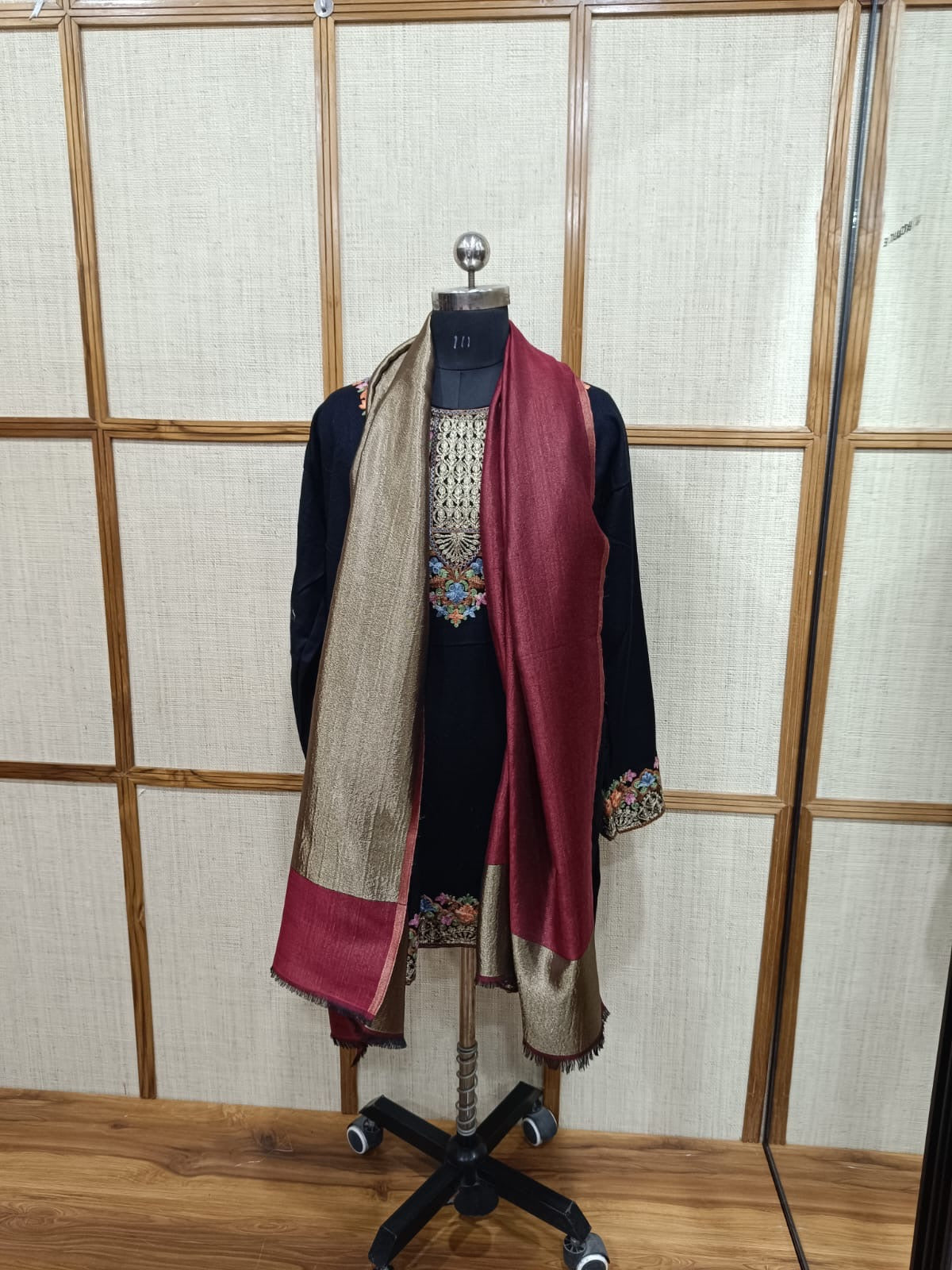 Unisex Reversible Red Color Modal Wool Stole with Golden Zari Detailing