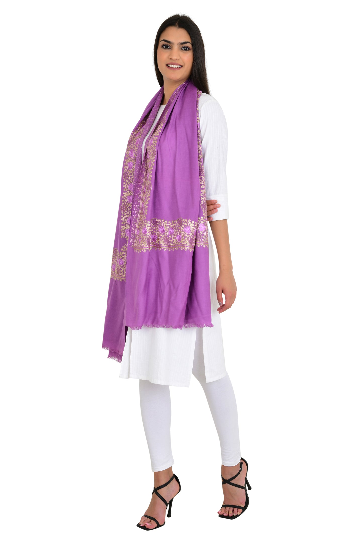 Swarovski-Embellished with Chinar Leaves Design Purple Woolen Stole for Women