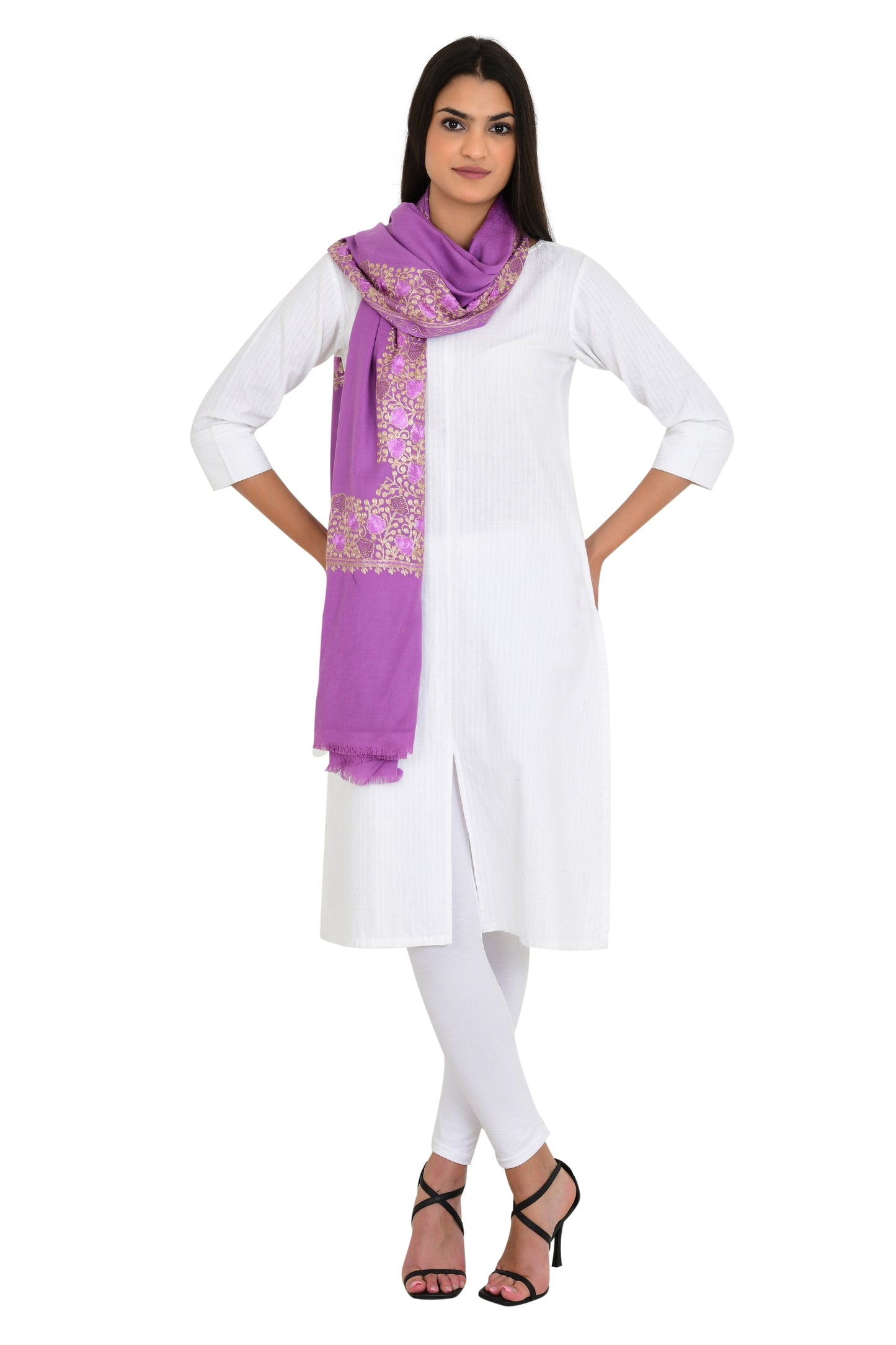 Swarovski-Embellished with Chinar Leaves Design Purple Woolen Stole for Women
