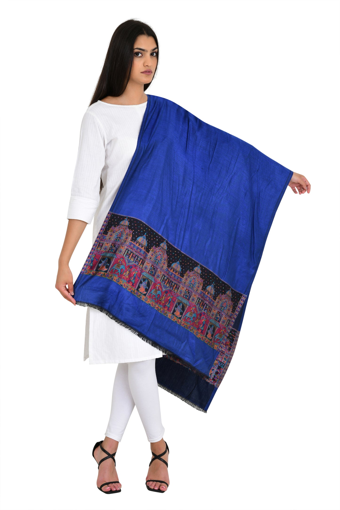 Royal Blue Stole with Artisanal Heritage Fort Design Woven Border