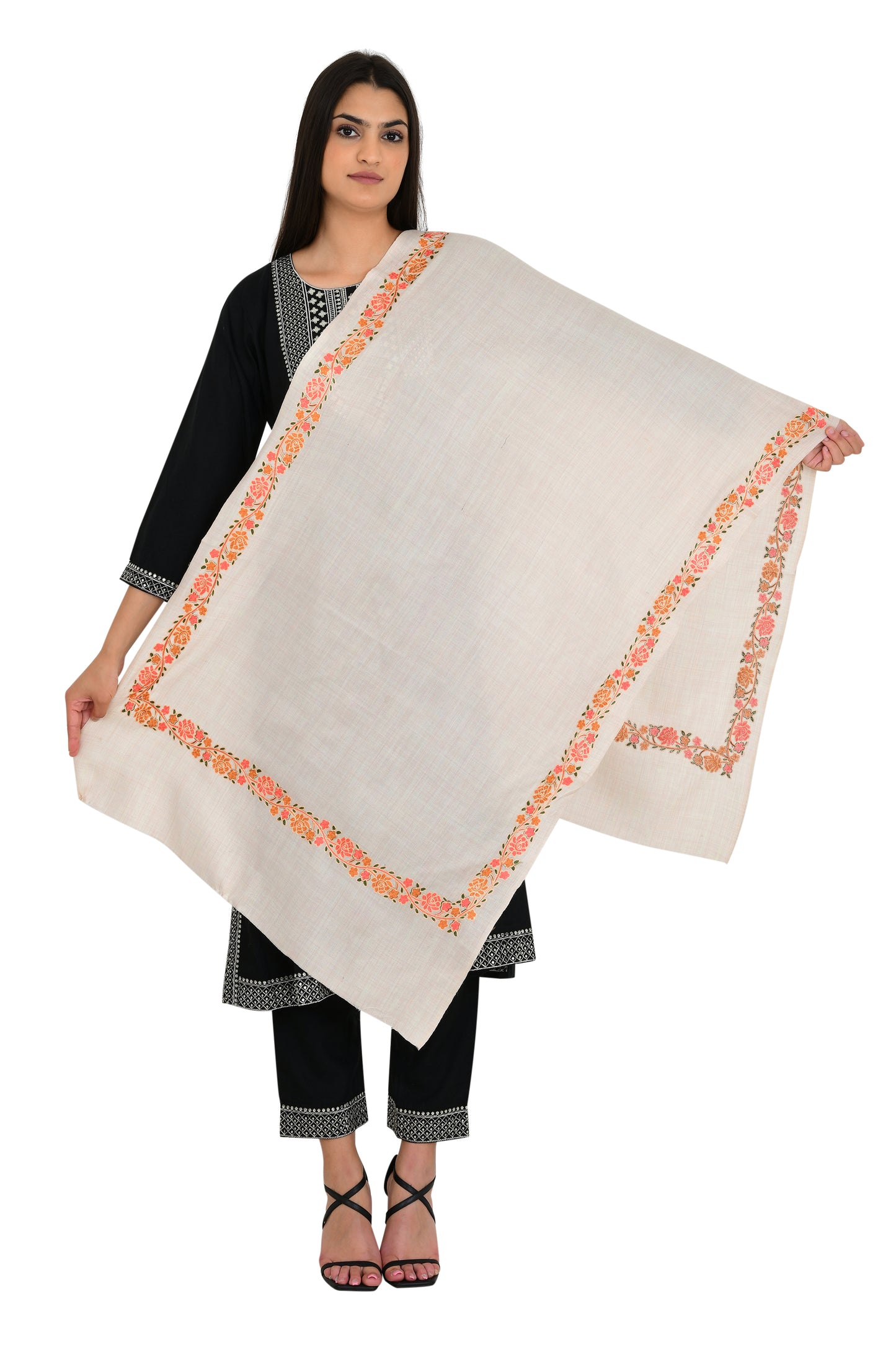 Ethnic Kashmiri Weaving Pure Wool Stole Shawl for Women