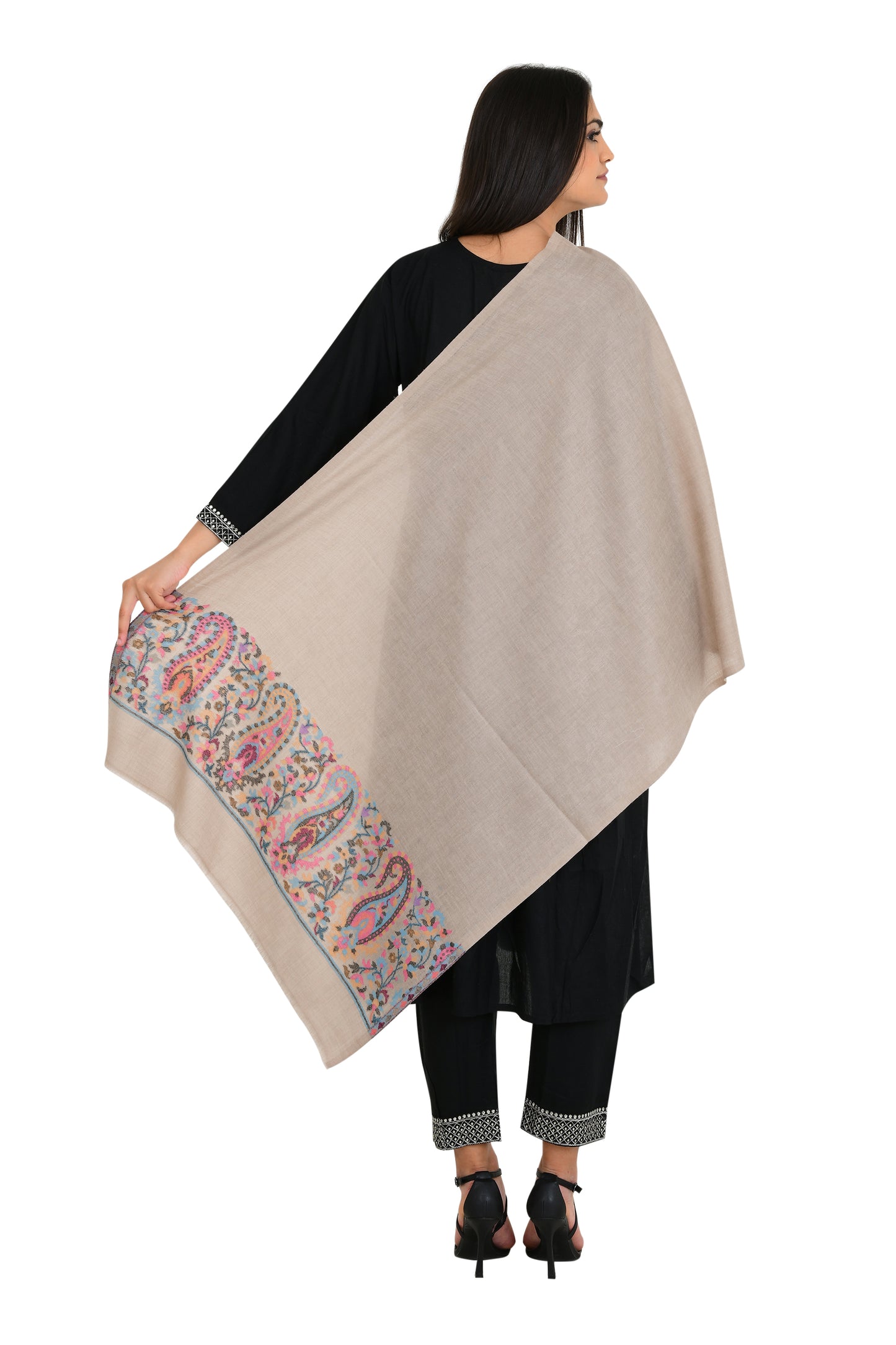 Fine wool beige color stole shawl for women with exquisite border weaving