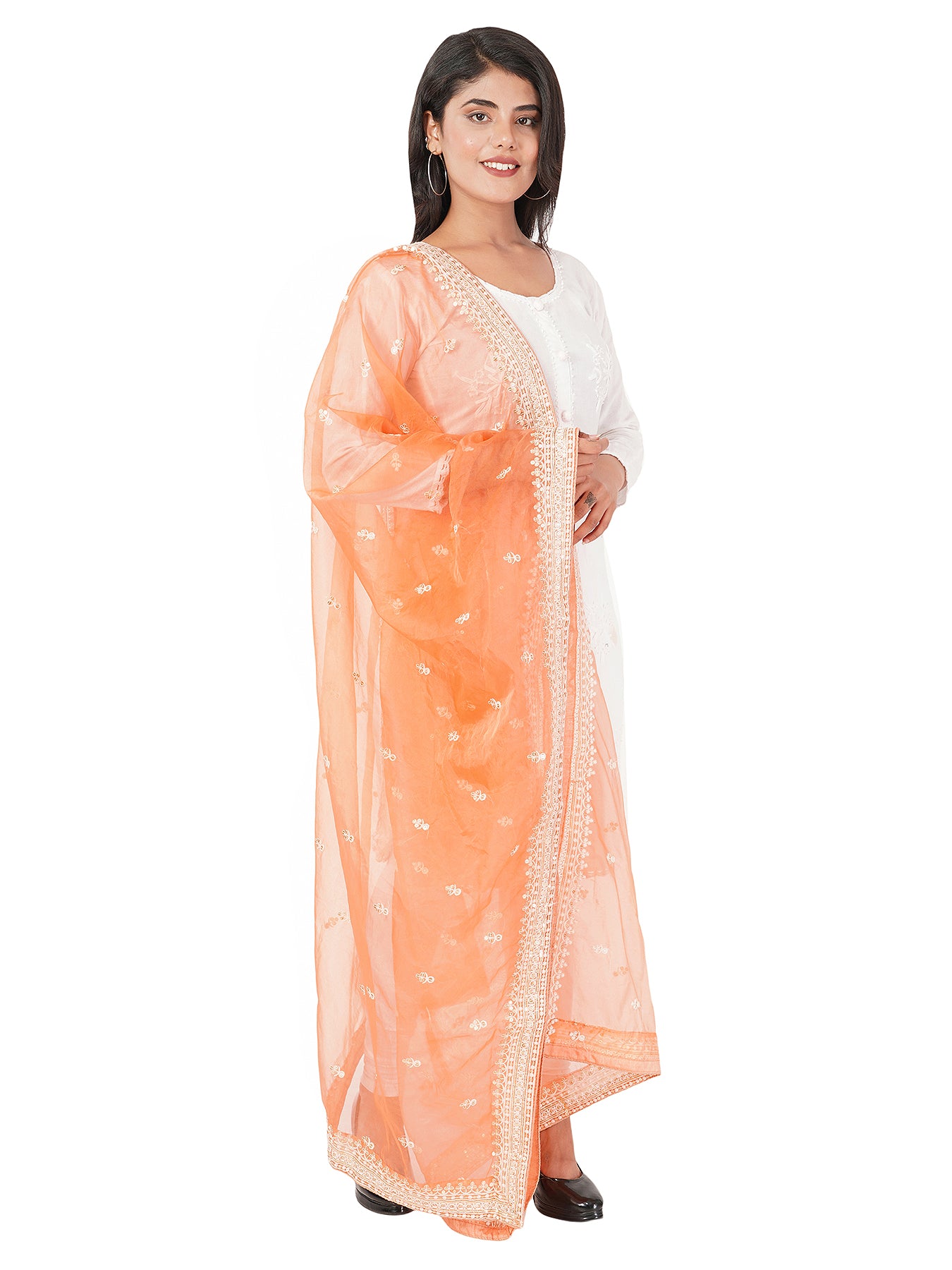 Exquisite orange color organza dupatta with white thread embroidery
