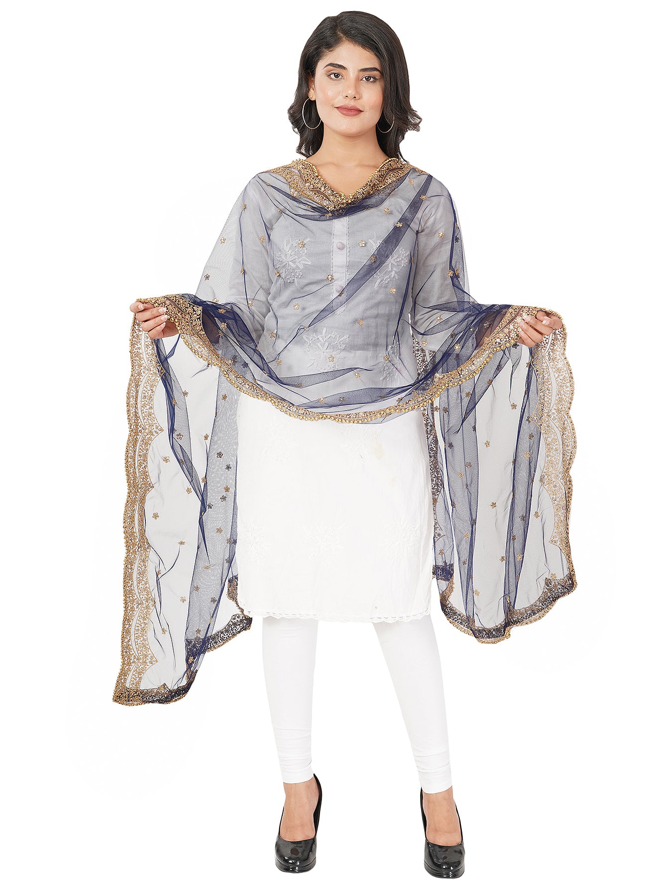 Beauty and Black Net Dupatta Featuring Golden Pearl Scallop Edges