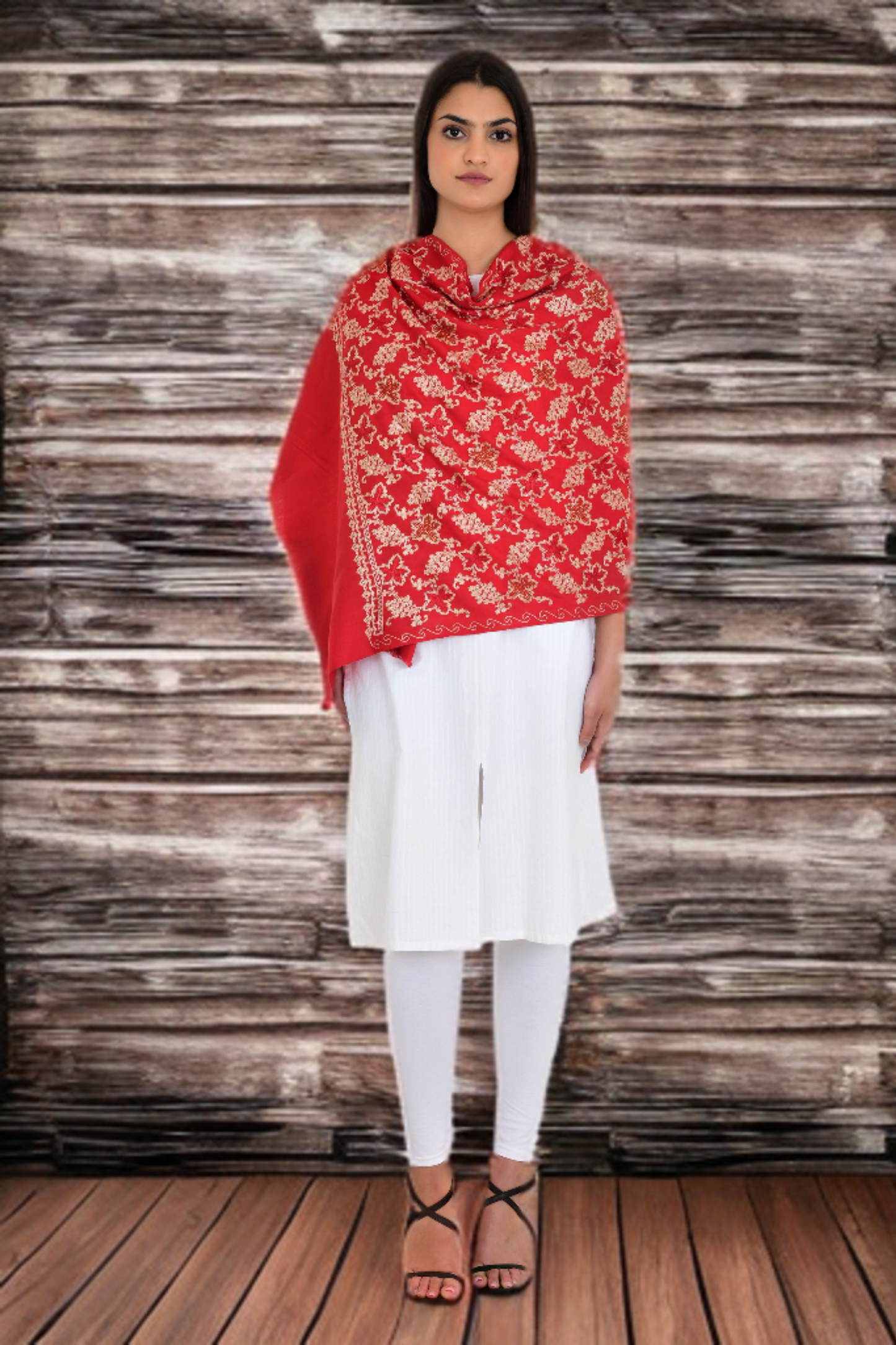 Festive Red Woolen Embroidered Stole Shawl for Women with Sarvoski Craft