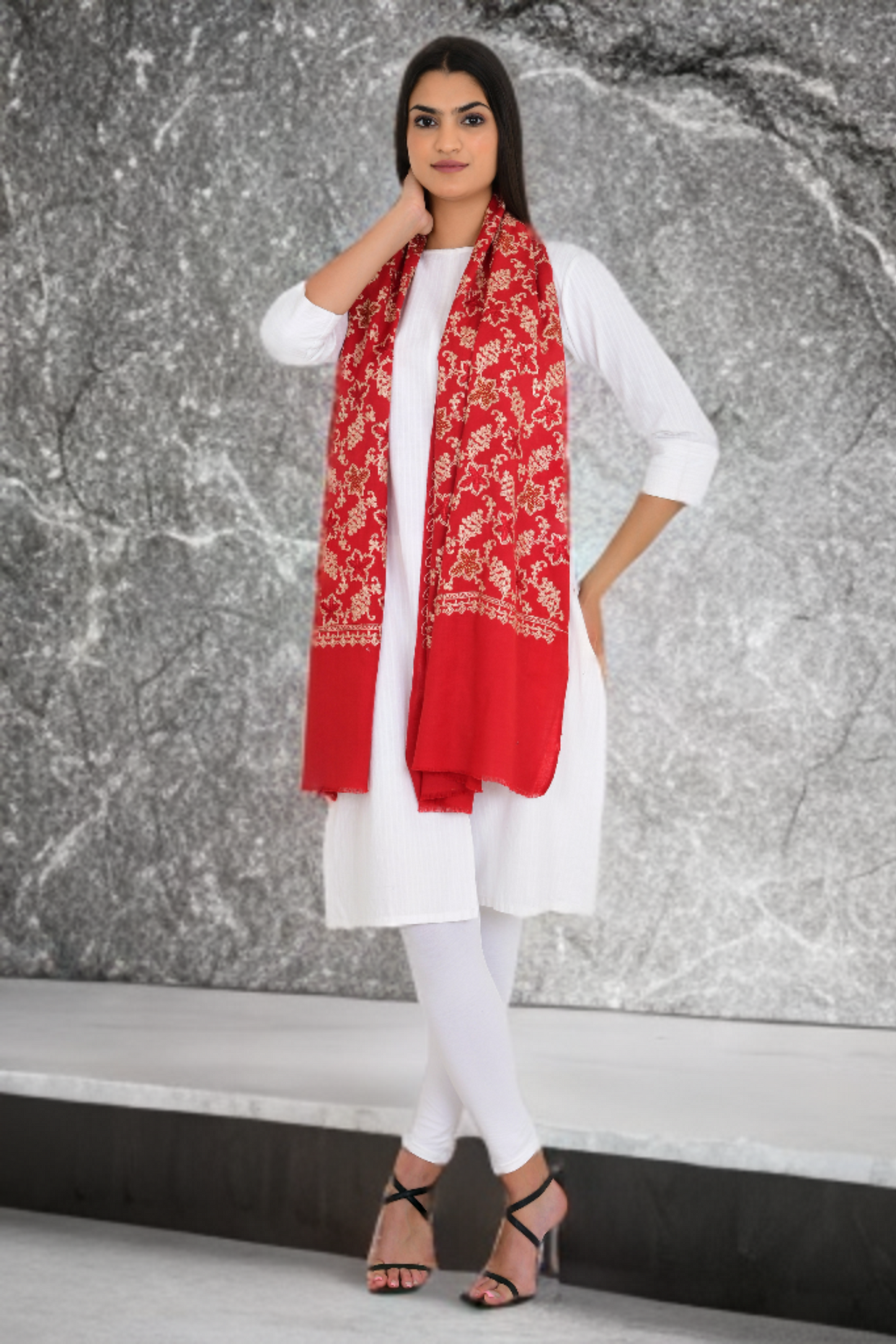 Festive Red Woolen Embroidered Stole Shawl for Women with Sarvoski Craft