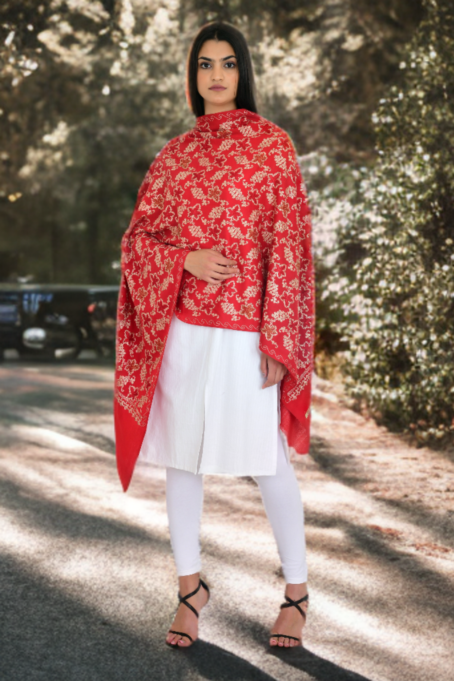 Festive Red Woolen Embroidered Stole Shawl for Women with Sarvoski Craft