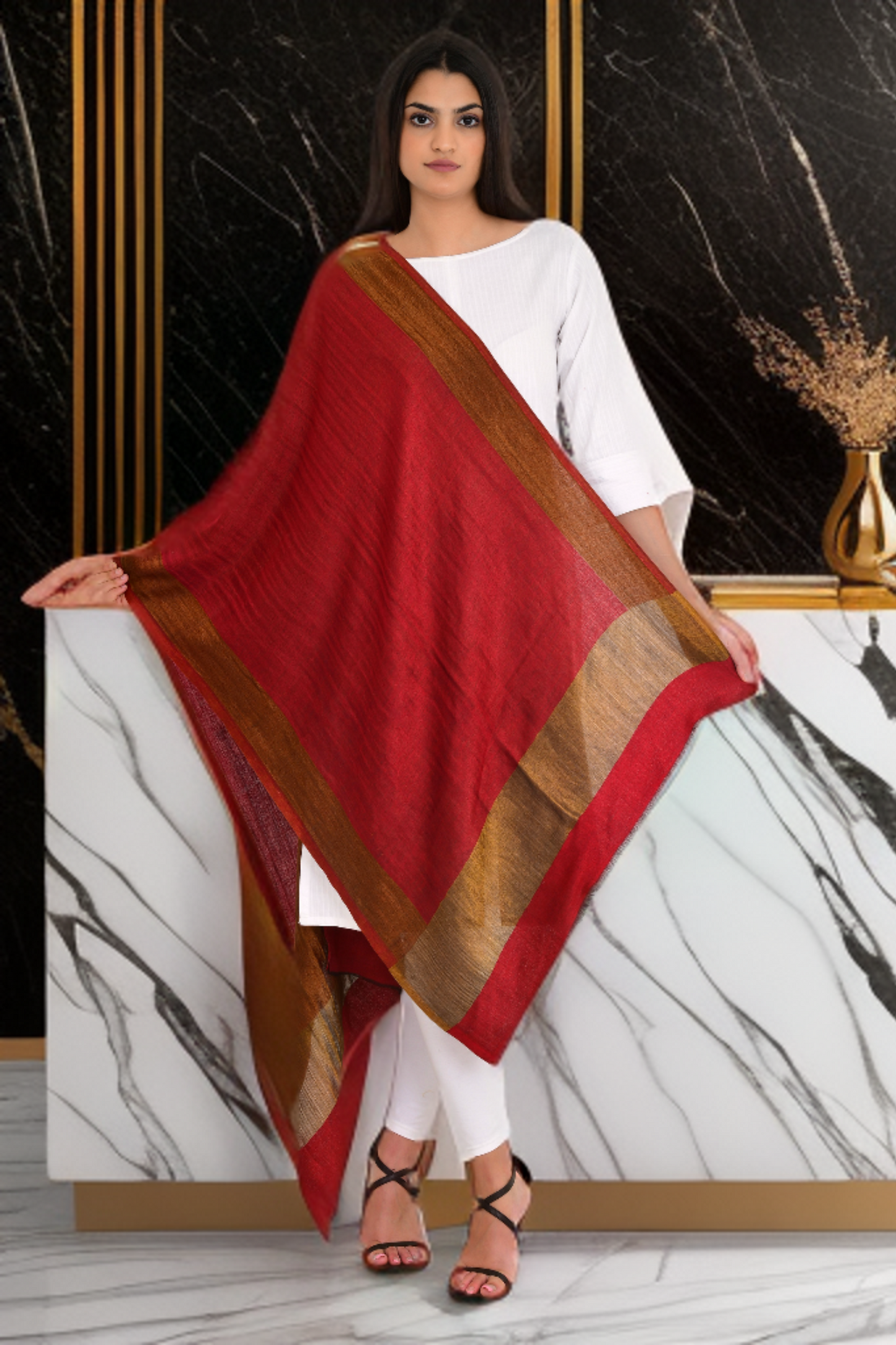 Radiant Red Gold Moonlight Zari Reversible Fine Wool Stole Shawl for Women