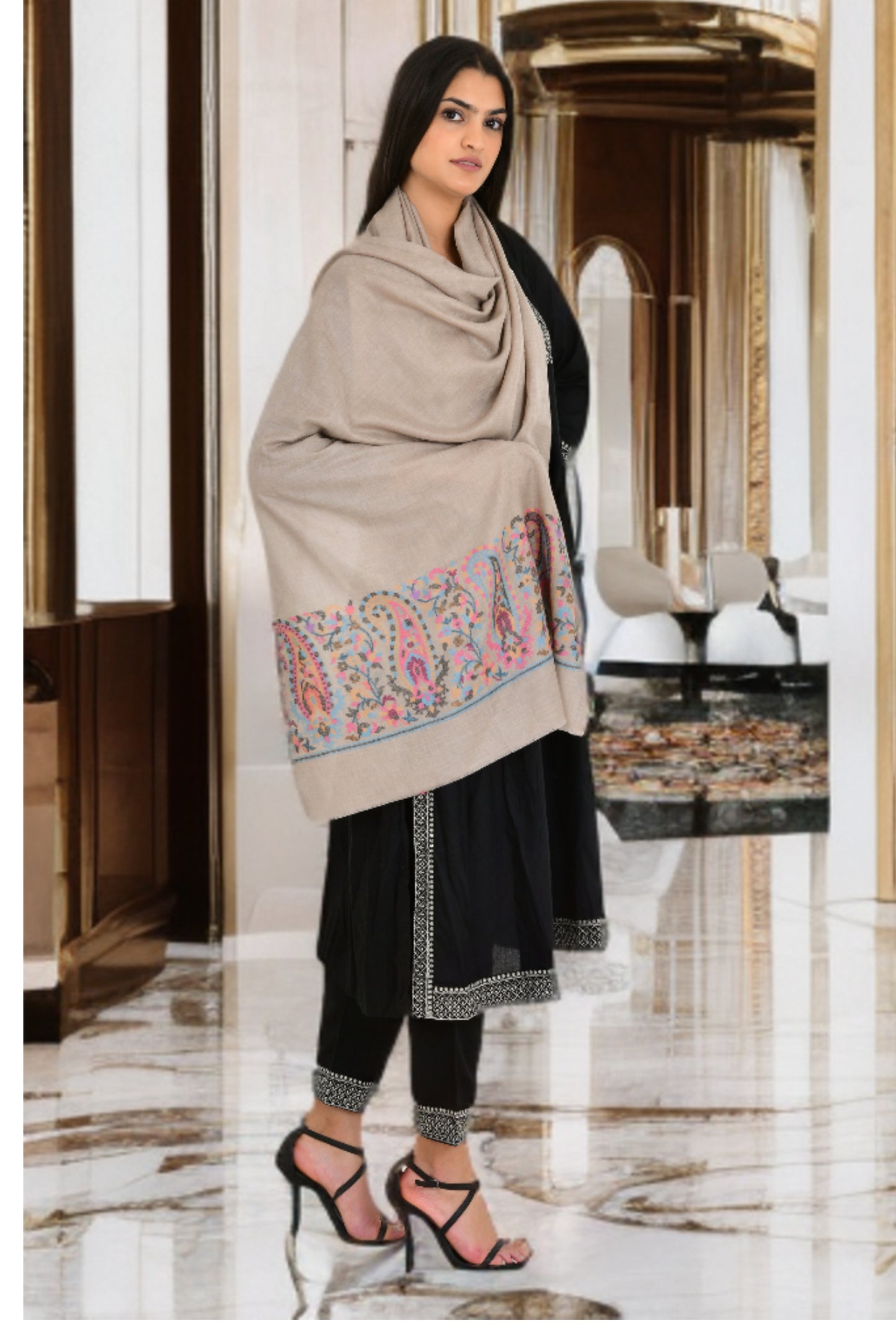 Fine wool beige color stole shawl for women with exquisite border weaving
