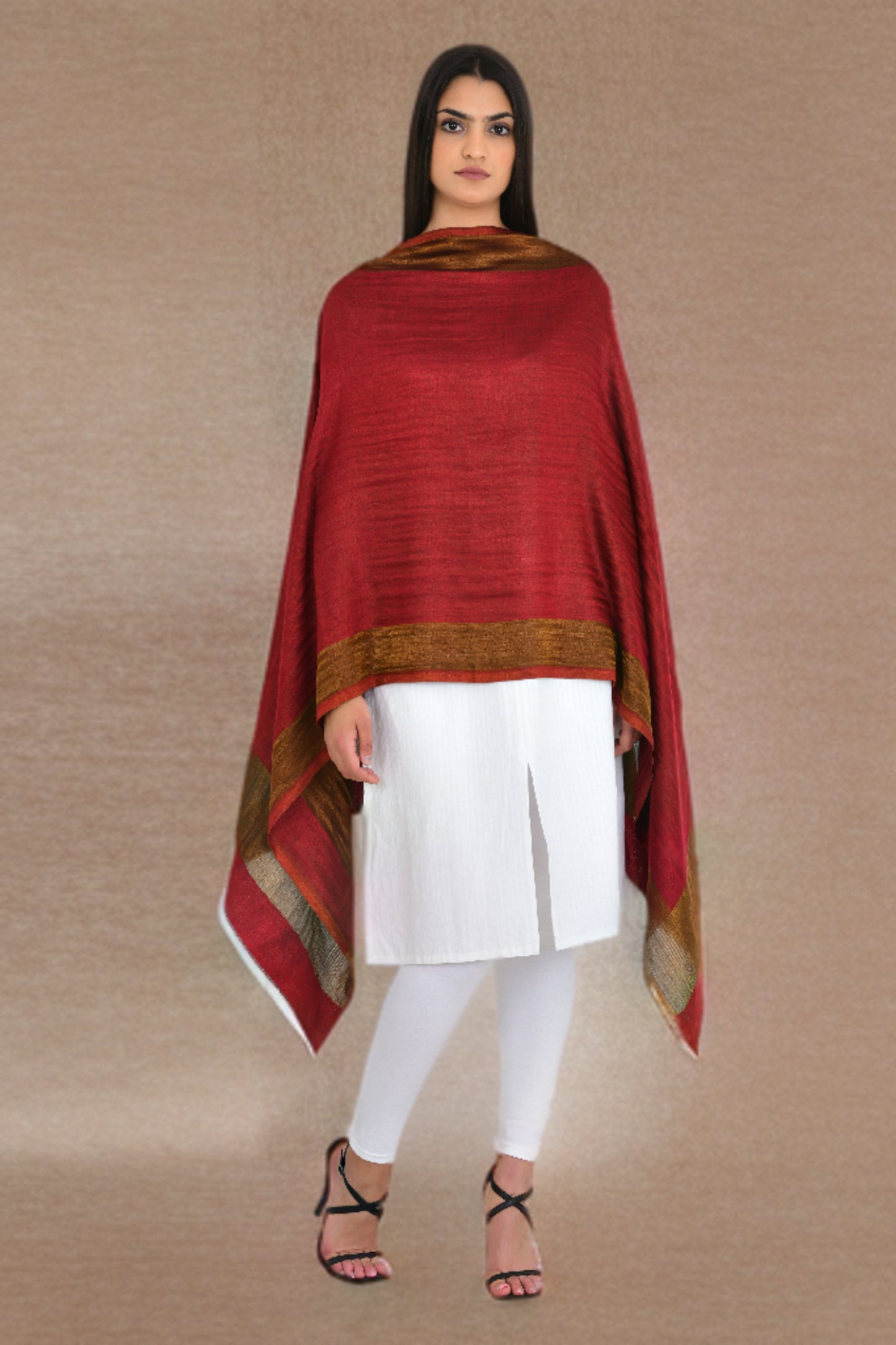 Radiant Red Gold Moonlight Zari Reversible Fine Wool Stole Shawl for Women