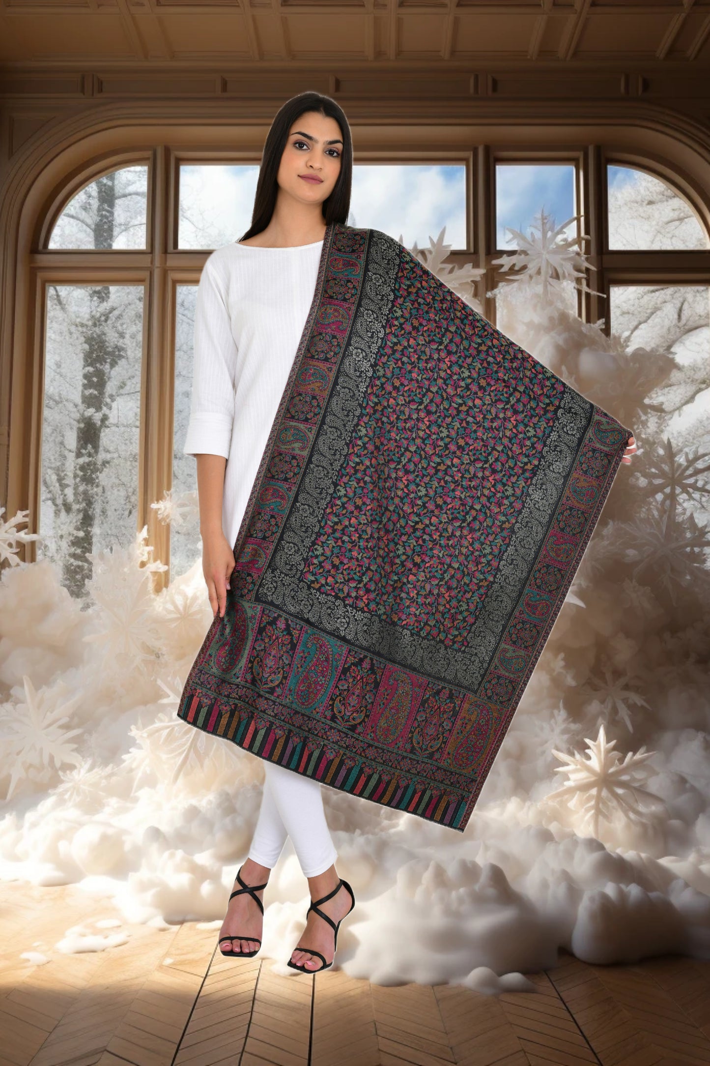 Floral Black Kaani Weaving Stole with a Touch of Zari Shimmer