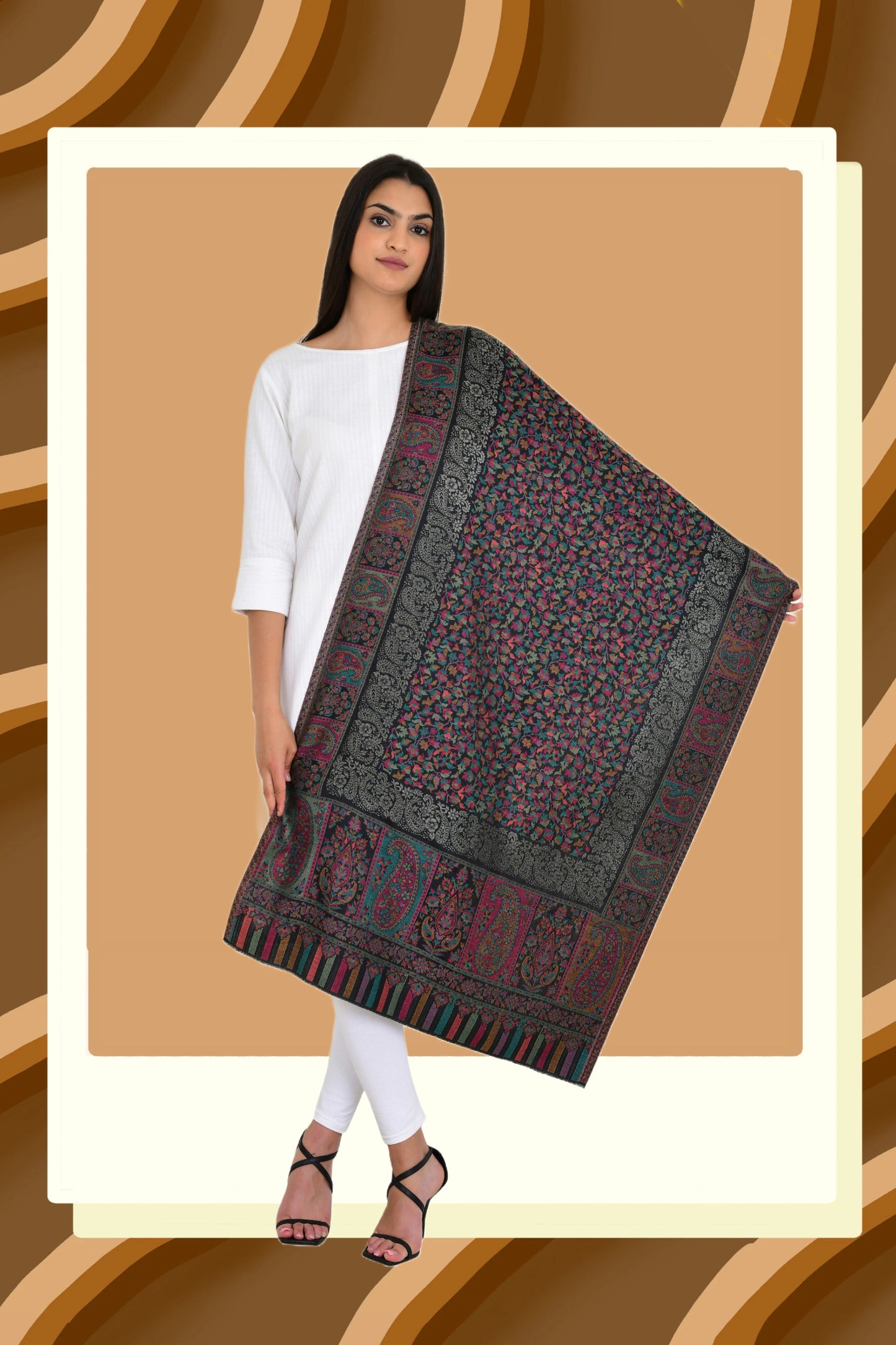 Floral Black Kaani Weaving Stole with a Touch of Zari Shimmer