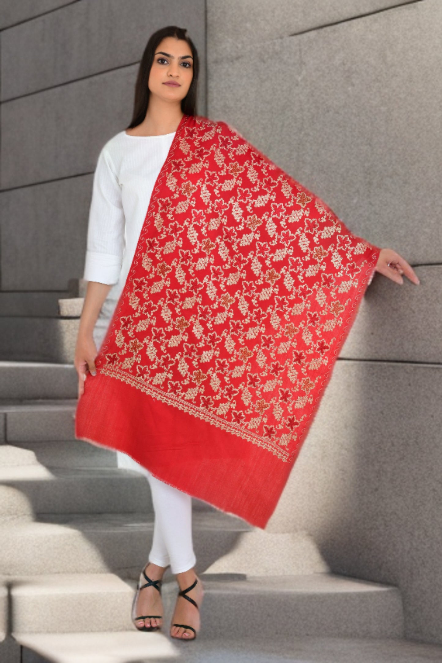 Festive Red Woolen Embroidered Stole Shawl for Women with Sarvoski Craft