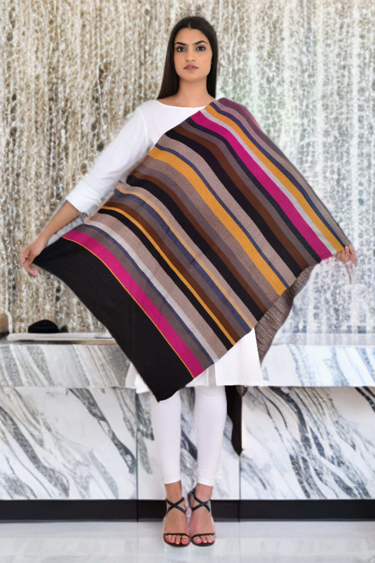 Black Fine Wool Stole with Modern Abstract Stripe Design Stole Shawl for Women