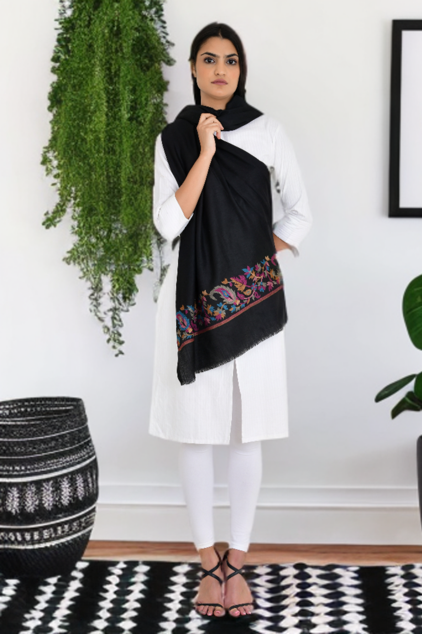 Minimalist Design Black Fine Wool Stole For Women