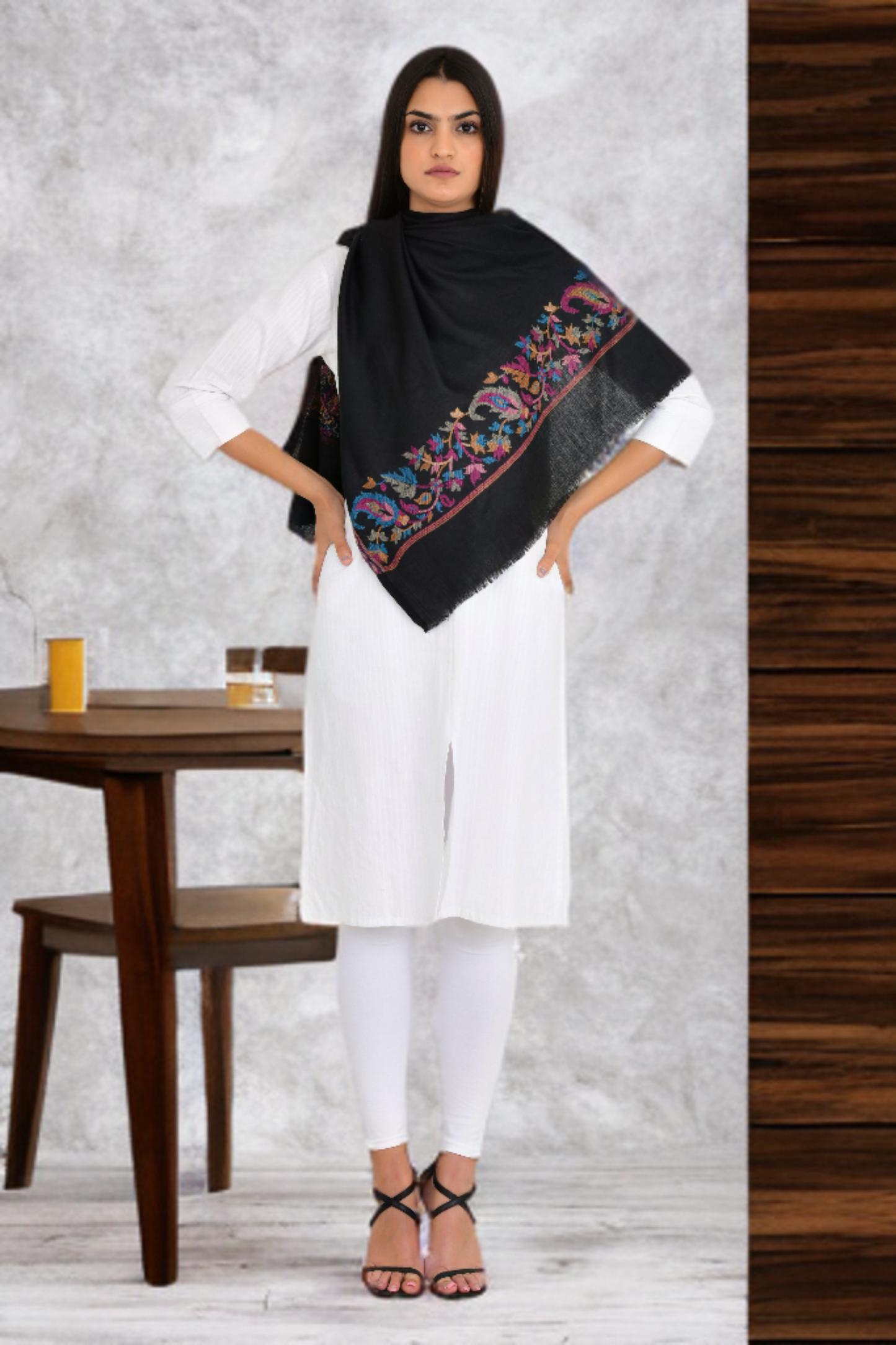 Minimalist Design Black Fine Wool Stole For Women