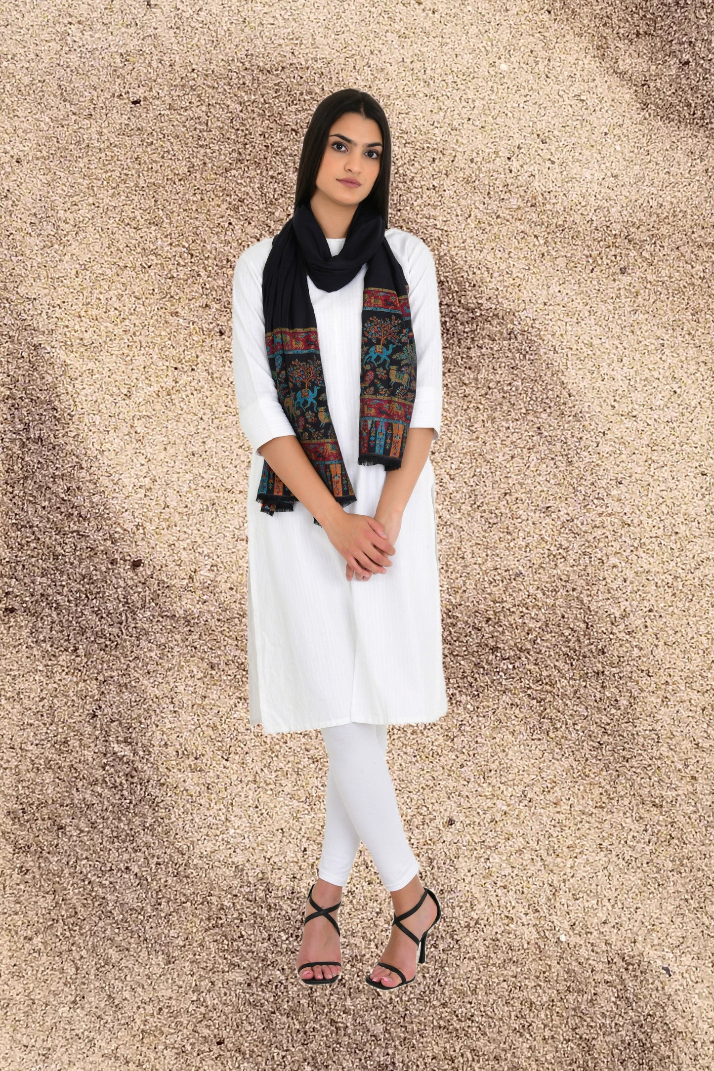 Abstract flora and fauna Black Weaving Stole Shawl for women