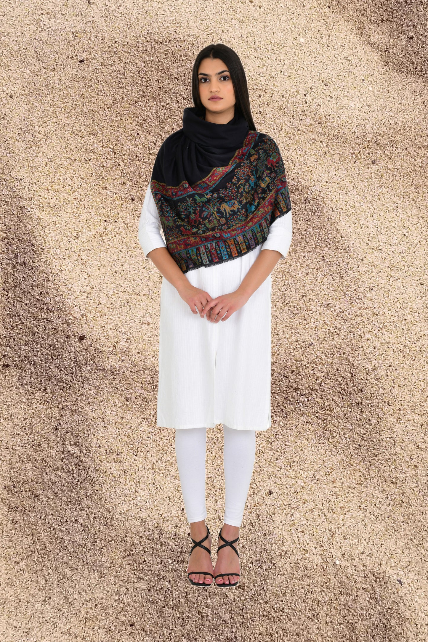 Abstract flora and fauna Black Weaving Stole Shawl for women