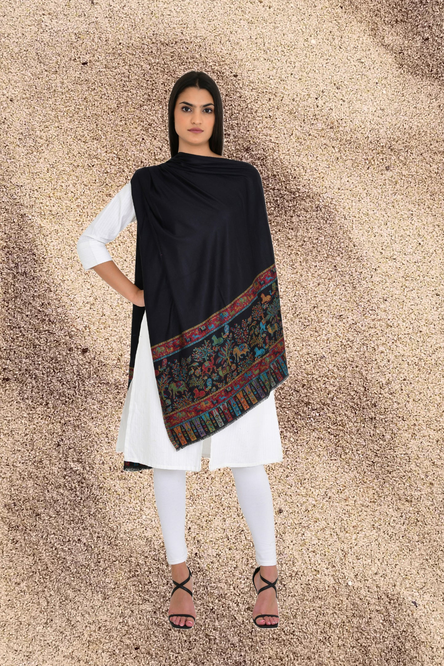 Abstract flora and fauna Black Weaving Stole Shawl for women