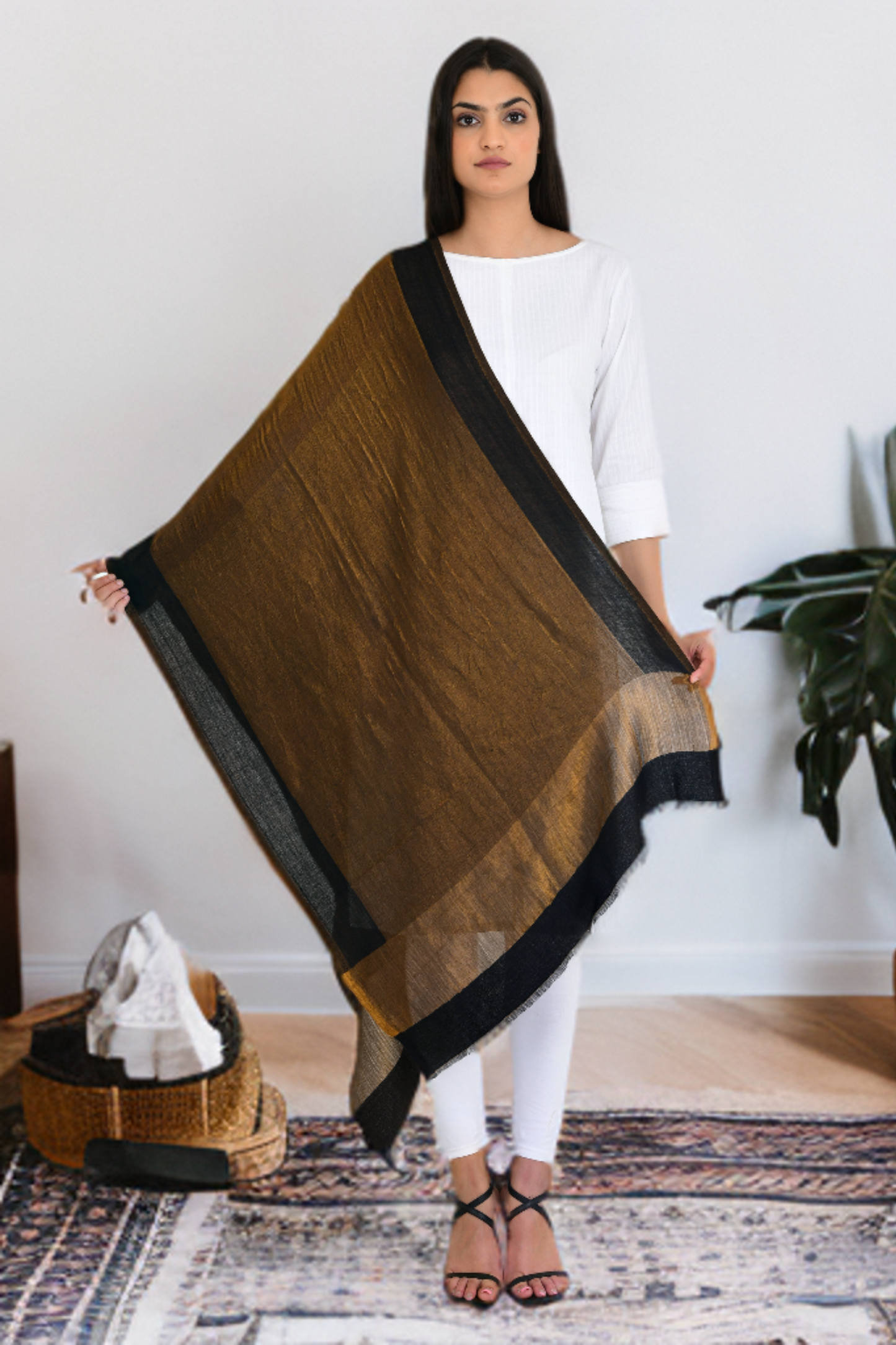 Moonlight Black Gold Zari Reversible Fine Wool Stole Shawl for Women