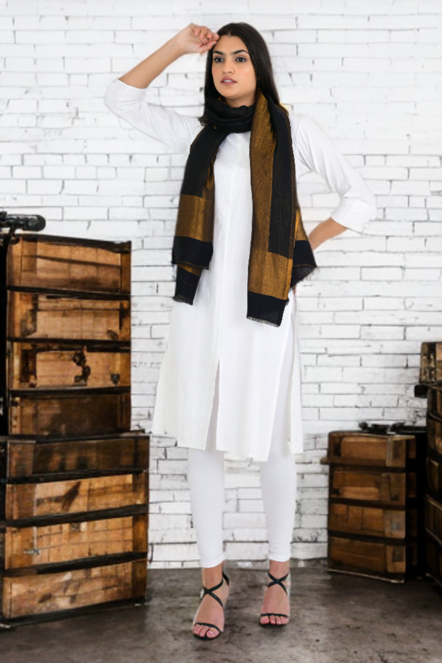 Moonlight Black Gold Zari Reversible Fine Wool Stole Shawl for Women
