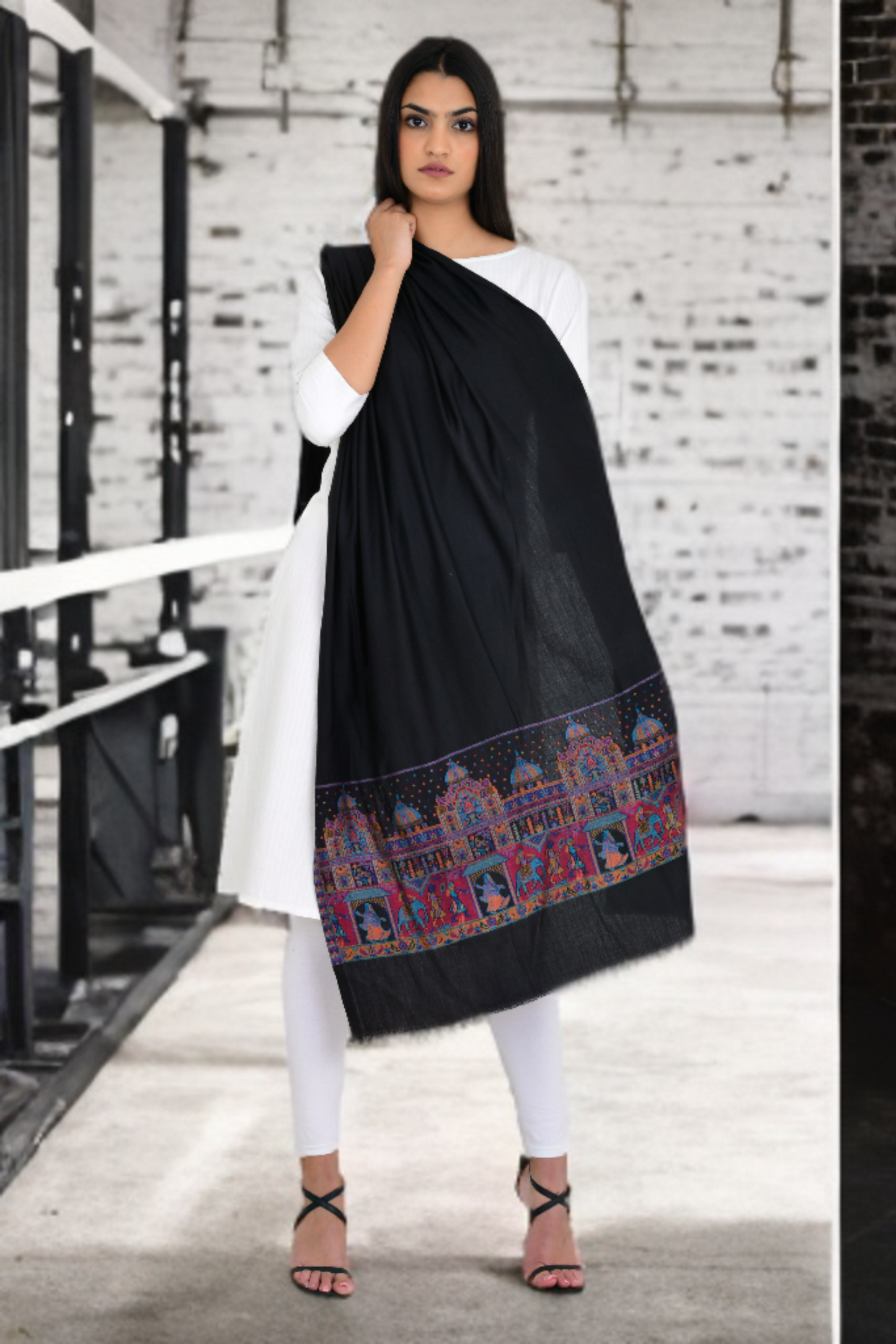 Luxurious Black Stole with Heritage Fort Design Woven Border