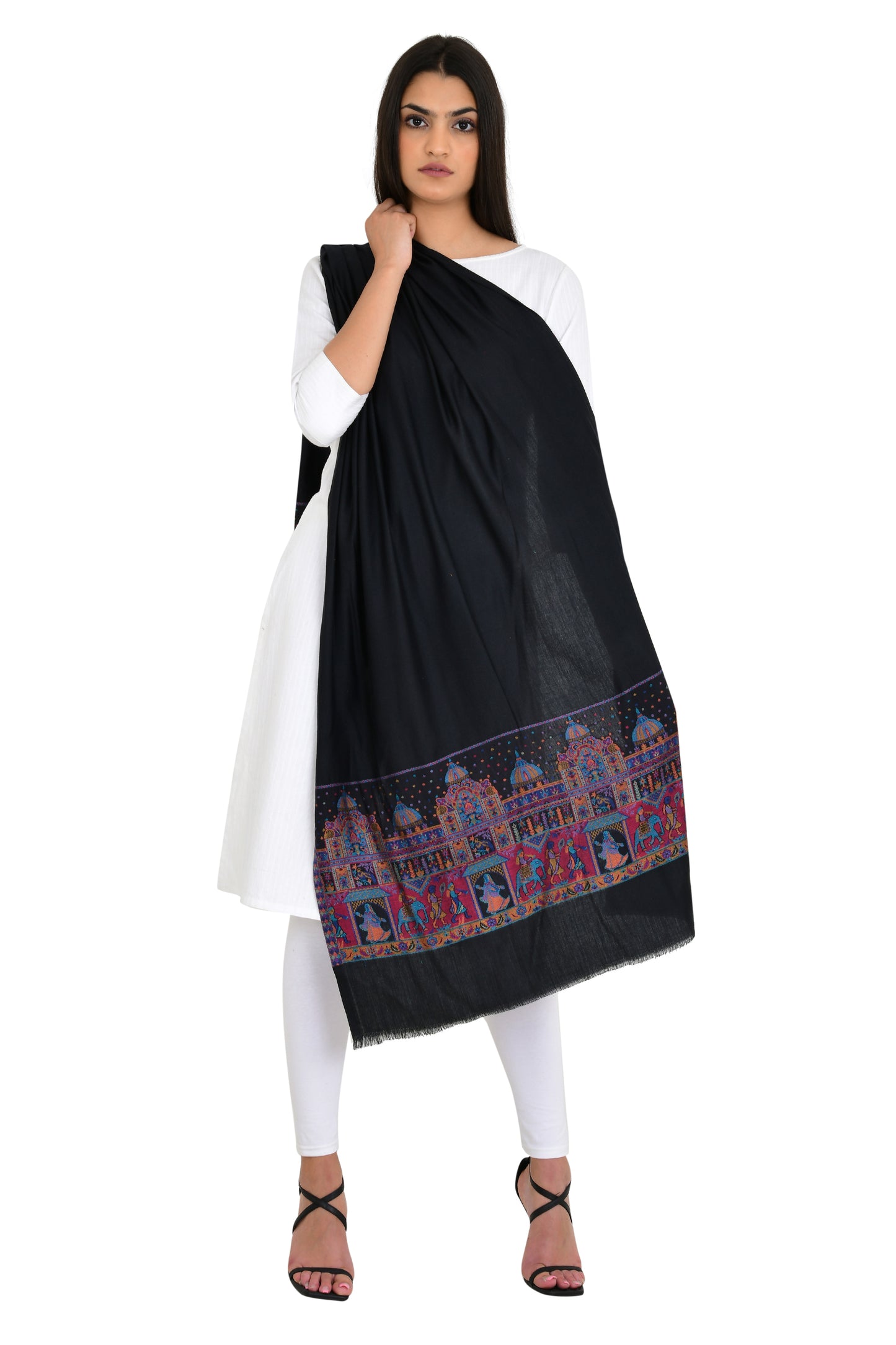 Luxurious Black Stole with Heritage Fort Design Woven Border