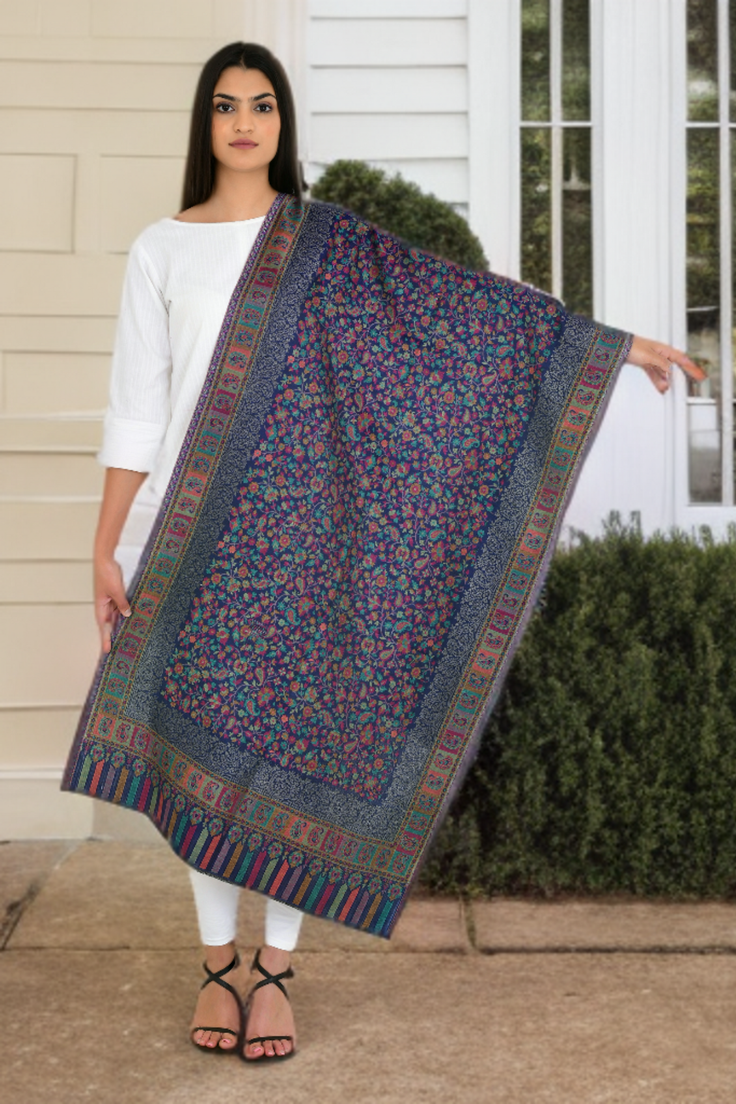 Floral Blue Kaani Weaving Stole with a Touch of Zari Shimmer