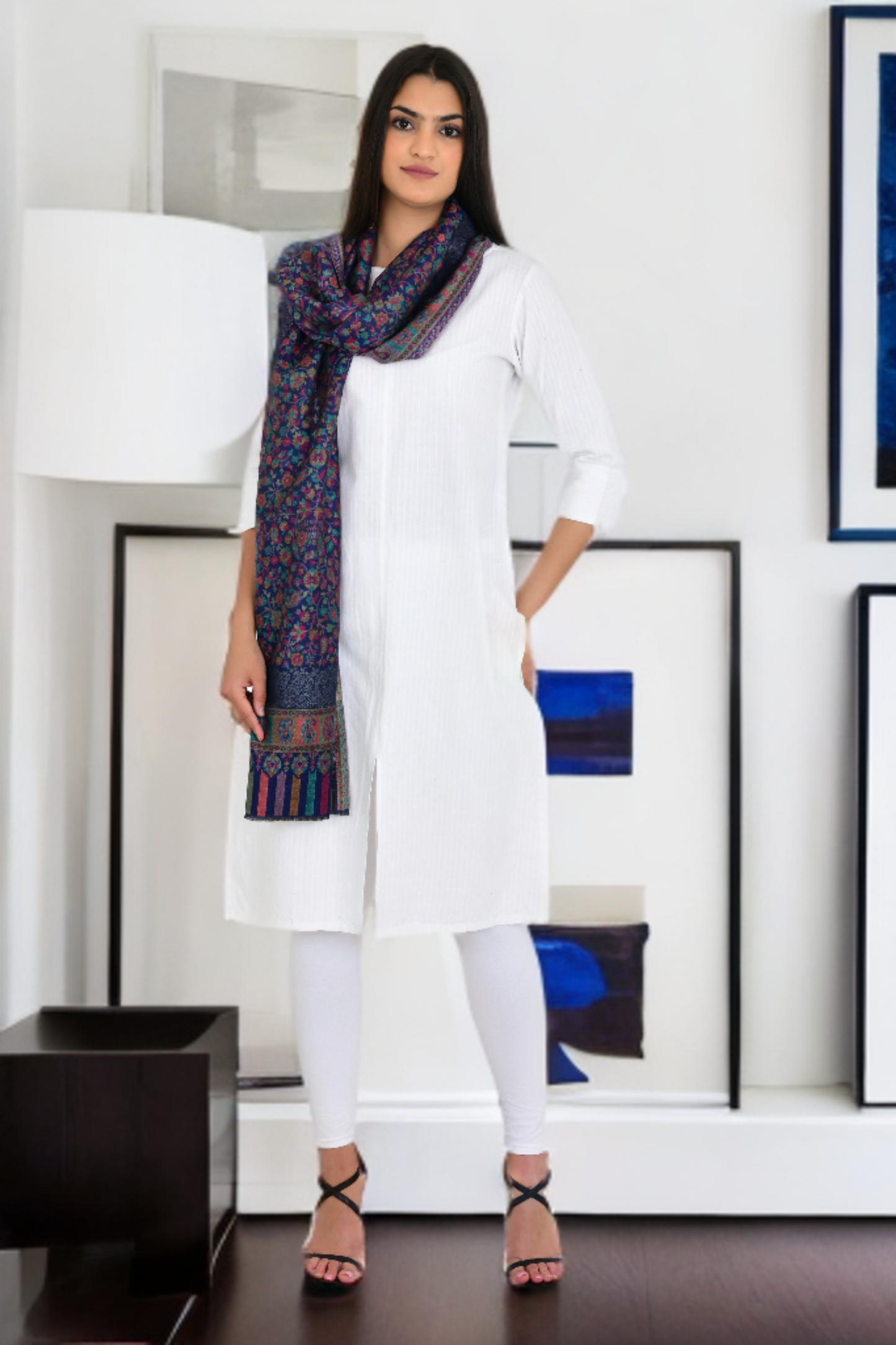 Floral Blue Kaani Weaving Stole with a Touch of Zari Shimmer