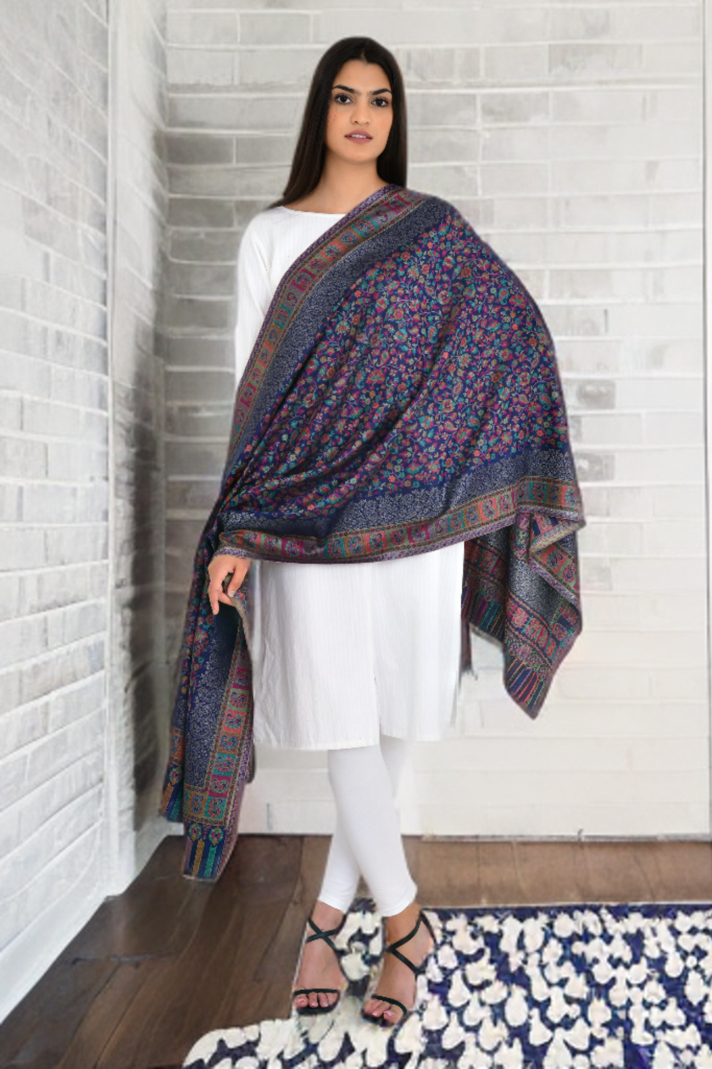 Floral Blue Kaani Weaving Stole with a Touch of Zari Shimmer