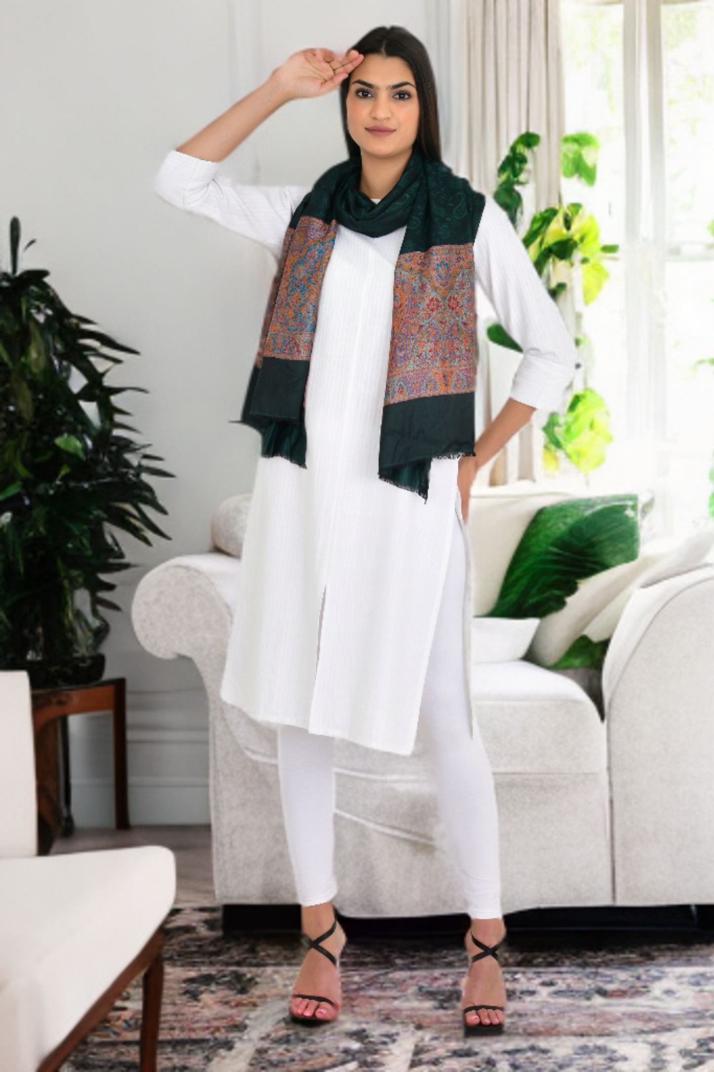 Bottle Green Self-Design Stole Shawl for Women with Weaving Work Borders