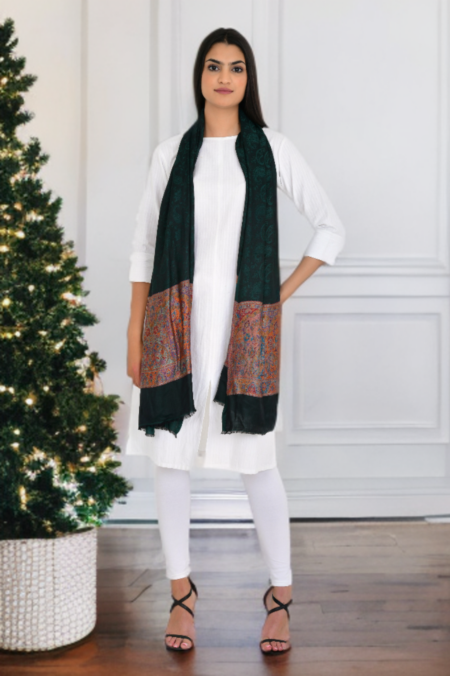 Bottle Green Self-Design Stole Shawl for Women with Weaving Work Borders