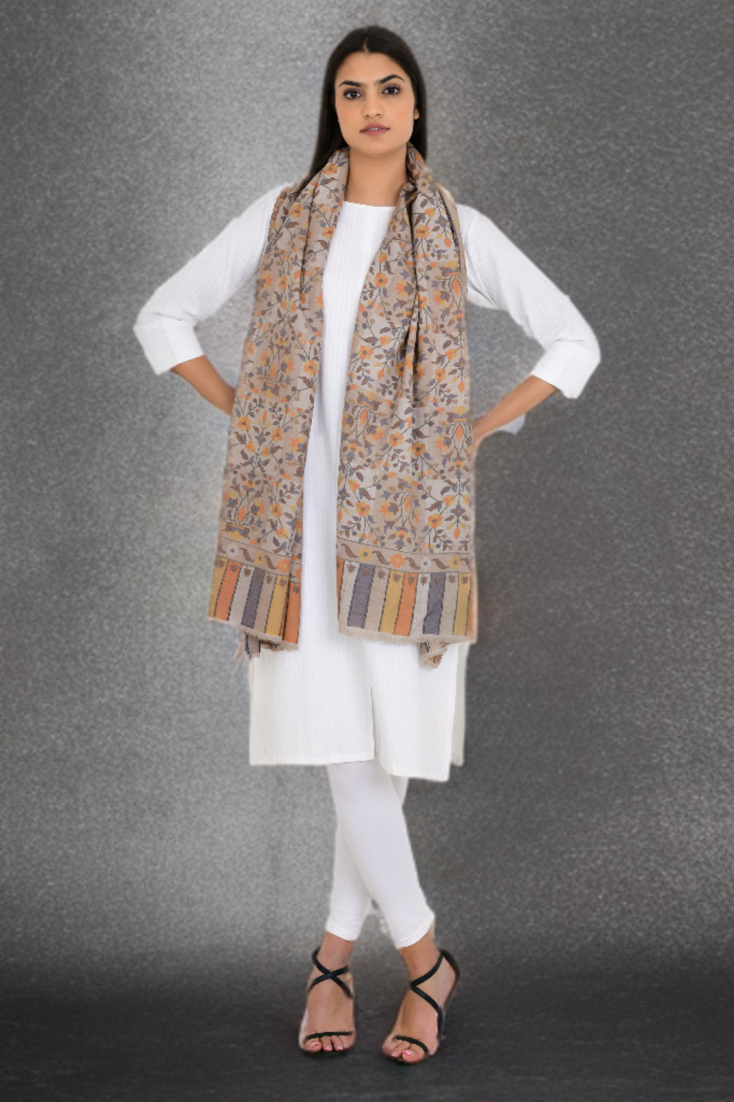 Elegant Beige Fine Wool Pashmina Stole with Intricate Kani Work shawl for Women