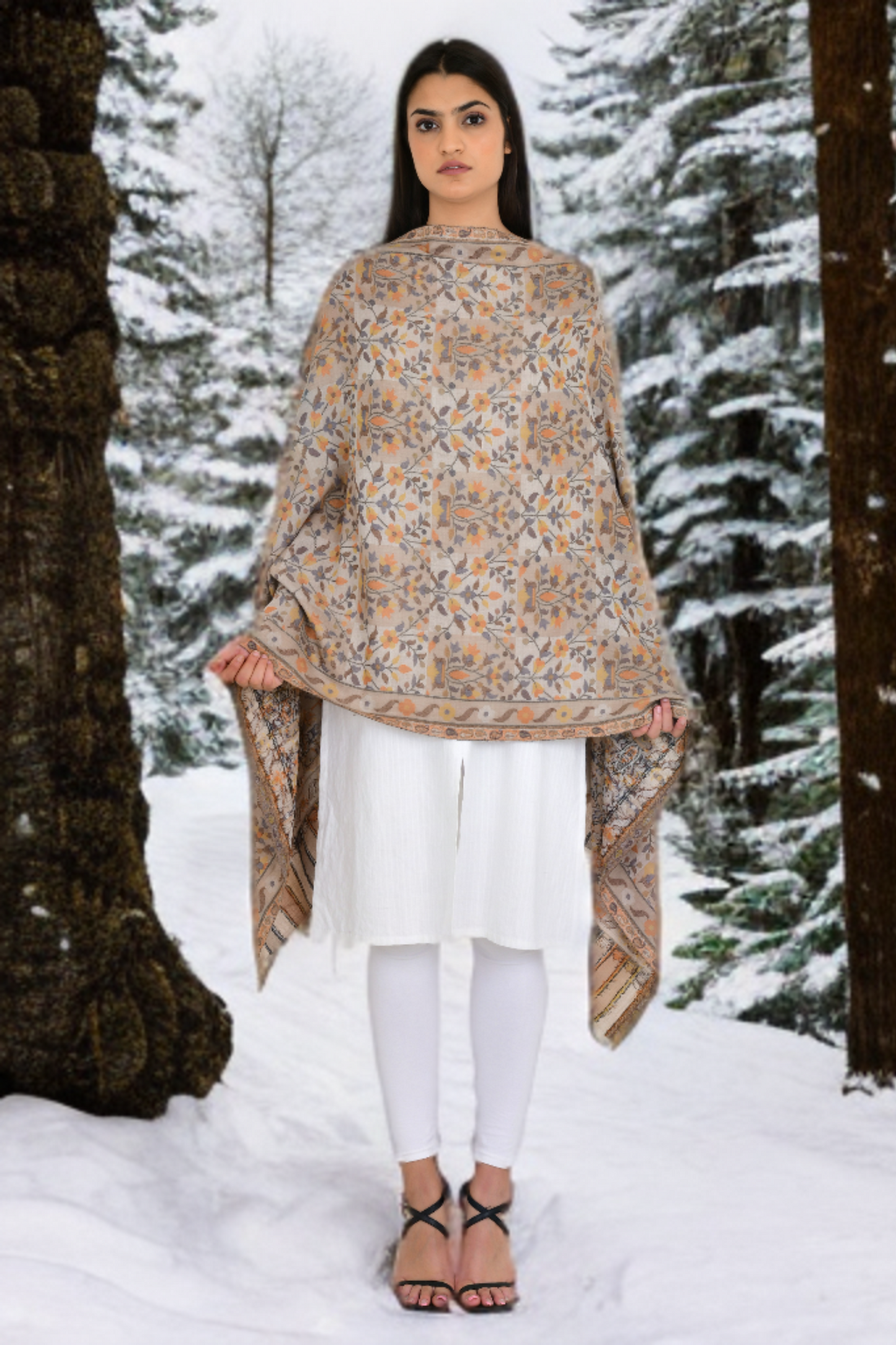 Elegant Beige Fine Wool Pashmina Stole with Intricate Kani Work shawl for Women