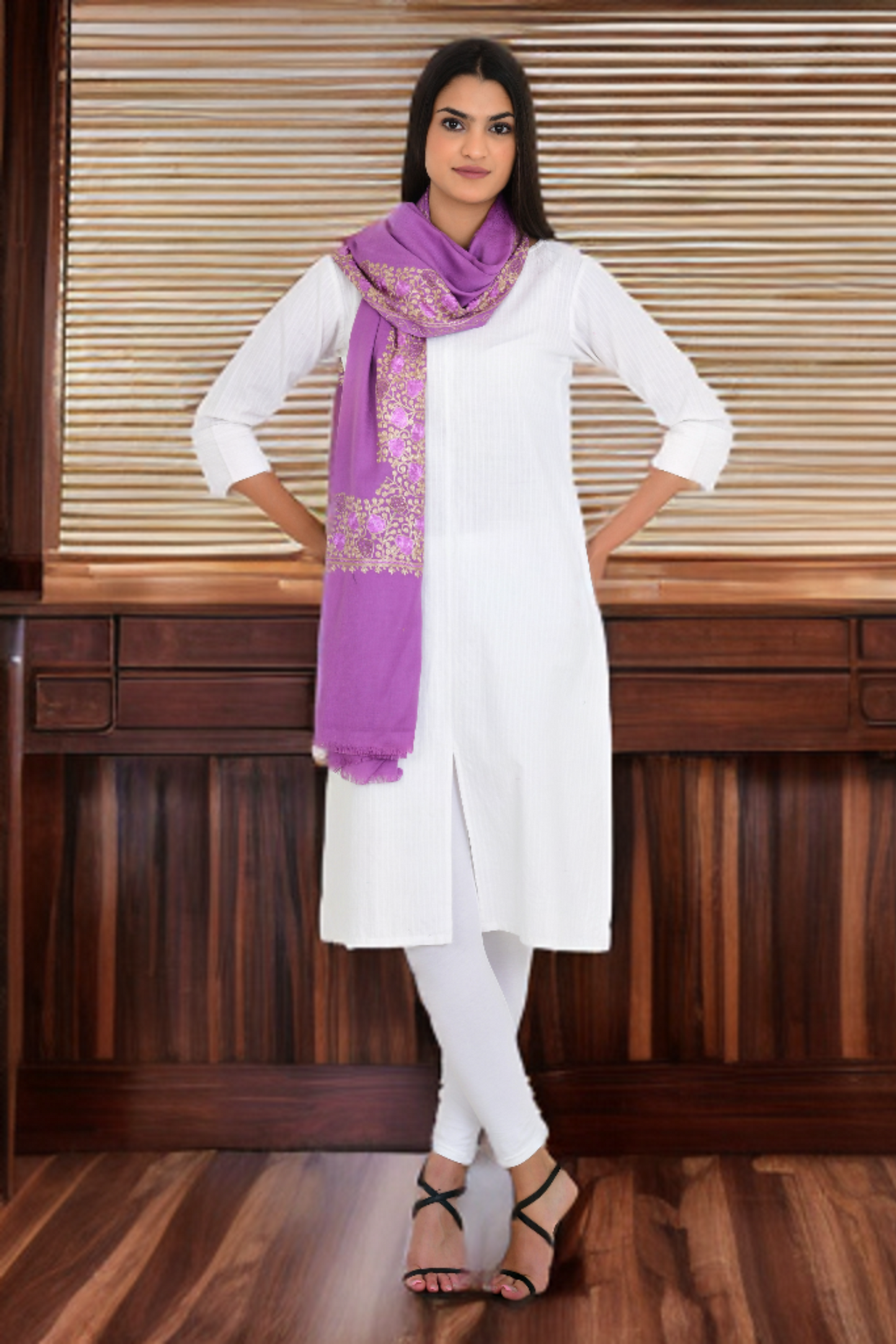 Swarovski-Embellished with Chinar Leaves Design Purple Woolen Stole for Women