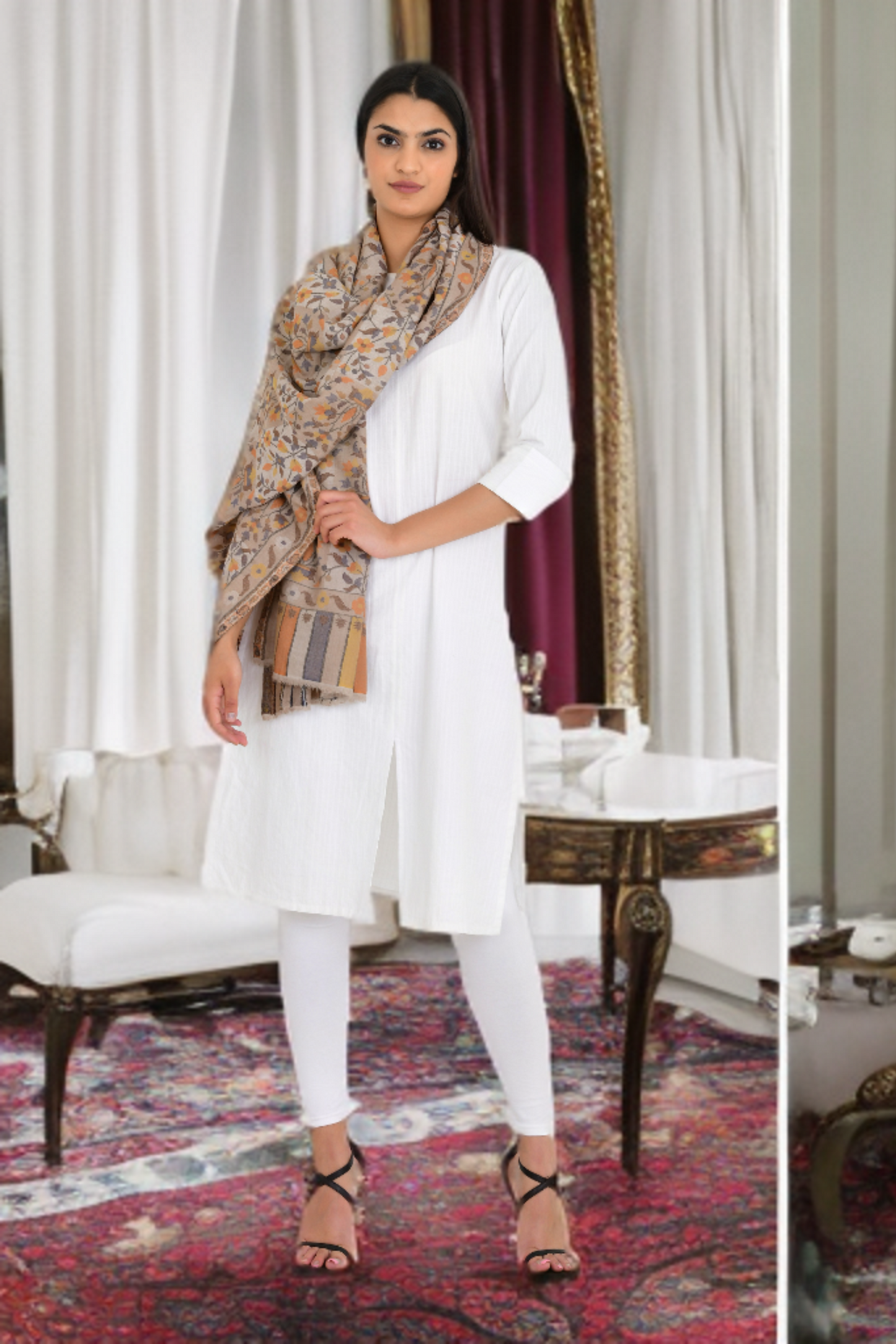 Elegant Beige Fine Wool Pashmina Stole with Intricate Kani Work shawl for Women