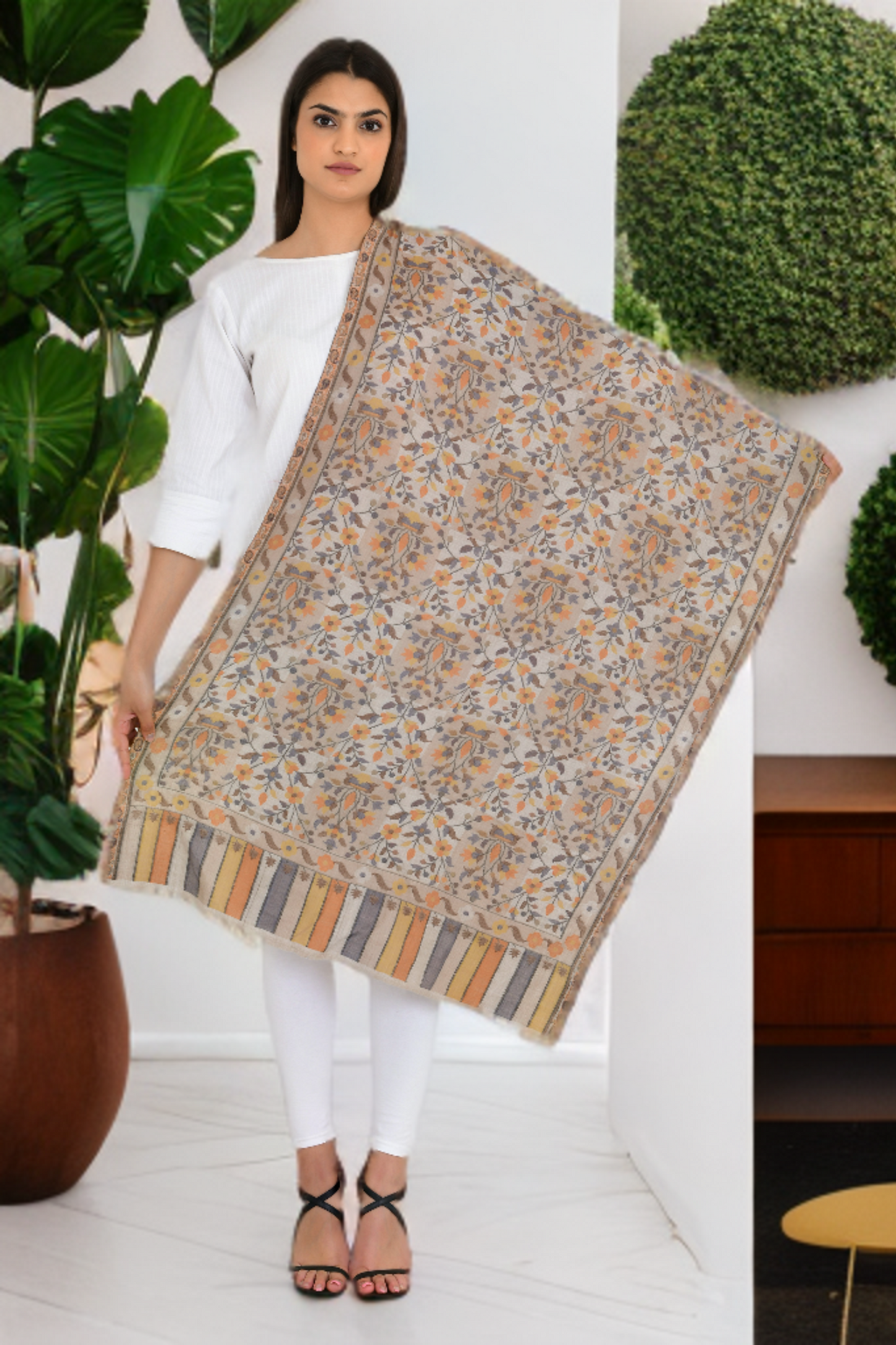 Elegant Beige Fine Wool Pashmina Stole with Intricate Kani Work shawl for Women
