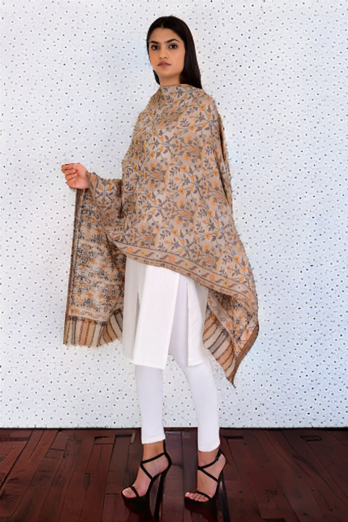 Elegant Beige Fine Wool Pashmina Stole with Intricate Kani Work shawl for Women