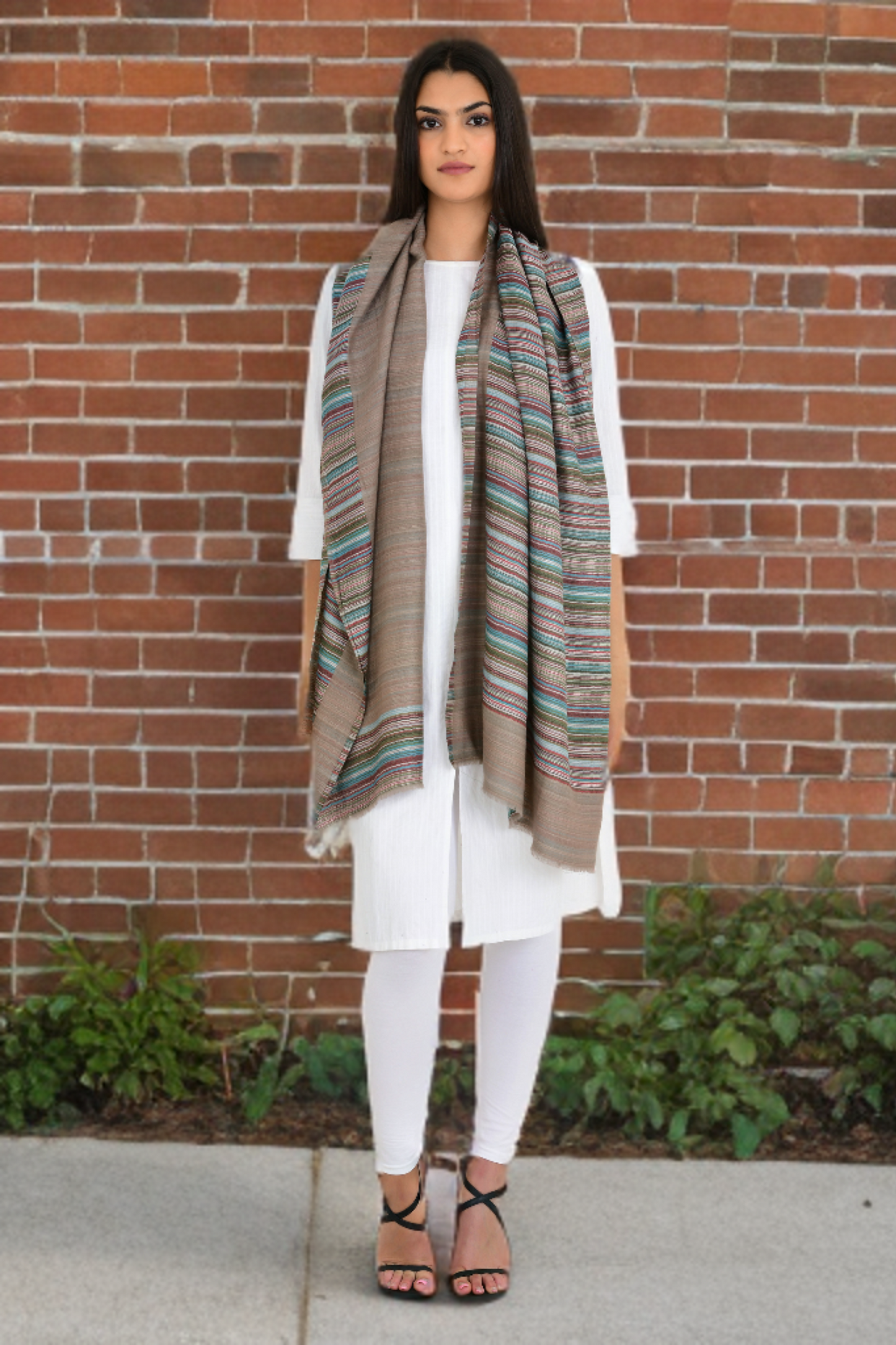 Oyster Brown Shade of Plain & Strips Reversible Fine Wool Stole