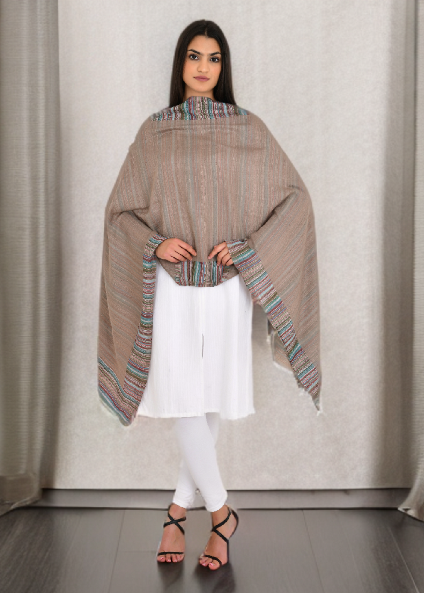 Oyster Brown Shade of Plain & Strips Reversible Fine Wool Stole