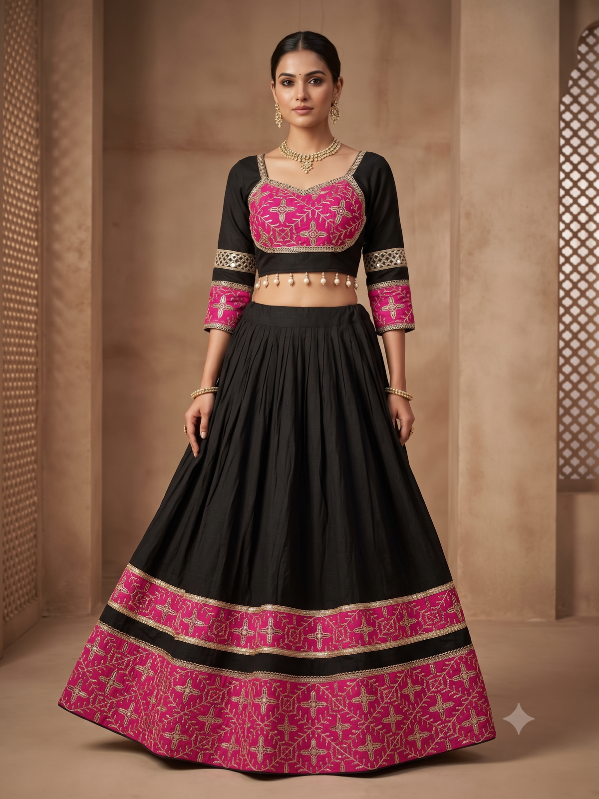 Cotton Rayon Black Pink Navratri Chaniya Choli – 8-Meter Flare & Gota Work