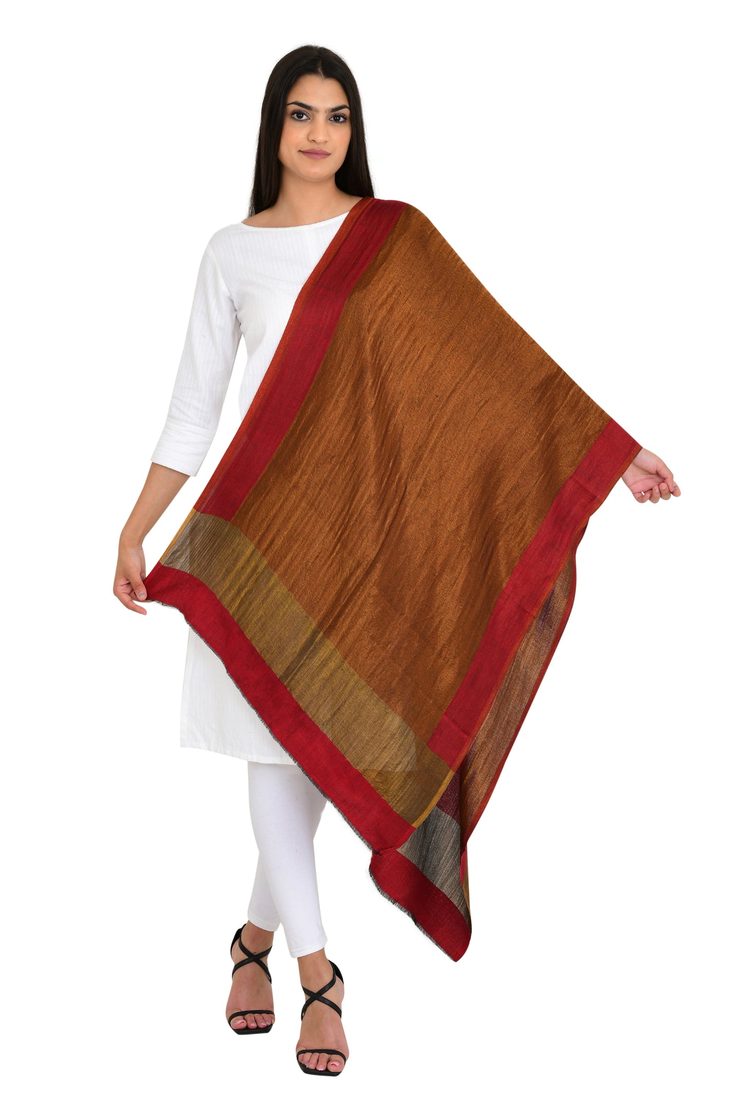 Radiant Red Gold Moonlight Zari Reversible Fine Wool Stole Shawl for Women