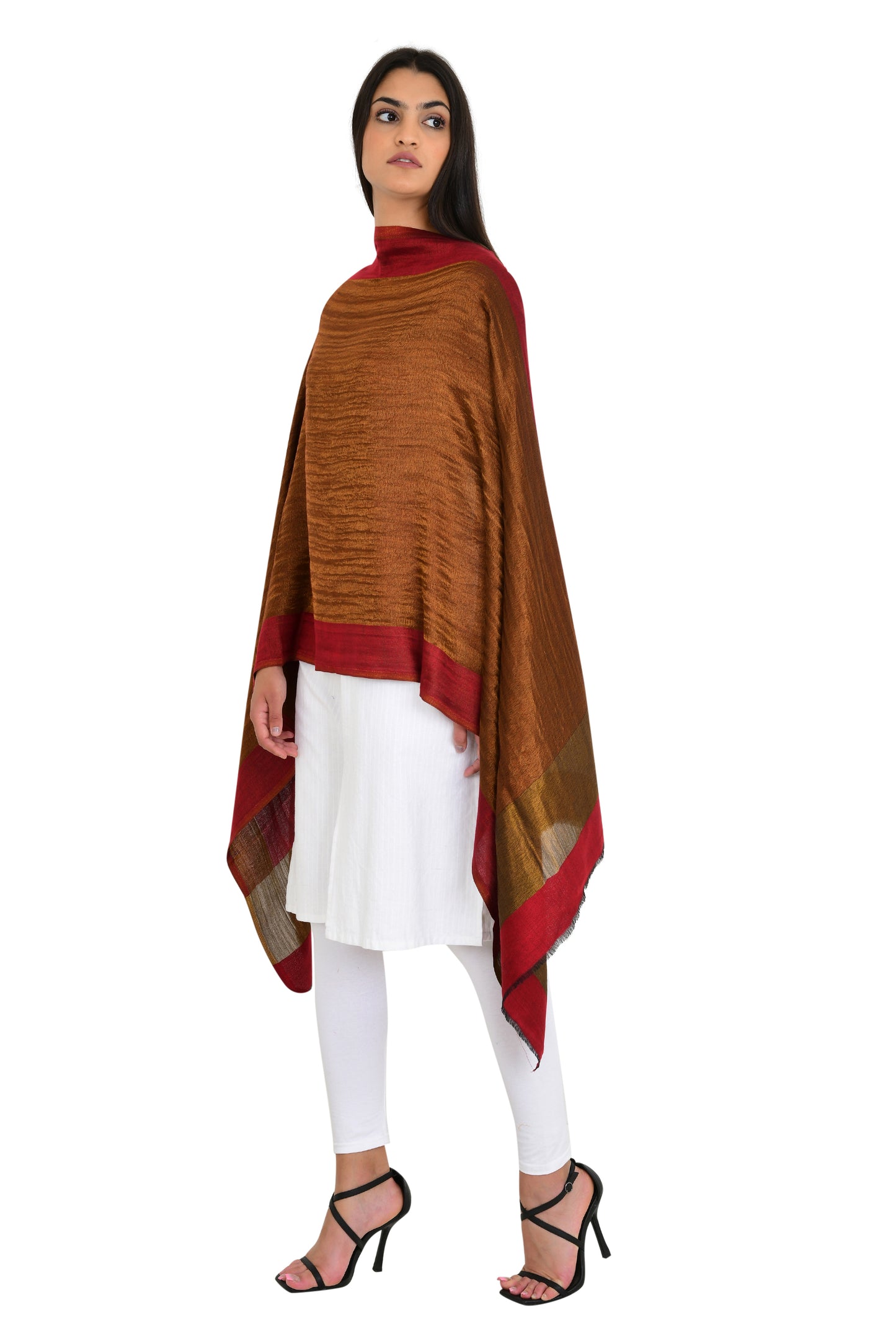Radiant Red Gold Moonlight Zari Reversible Fine Wool Stole Shawl for Women