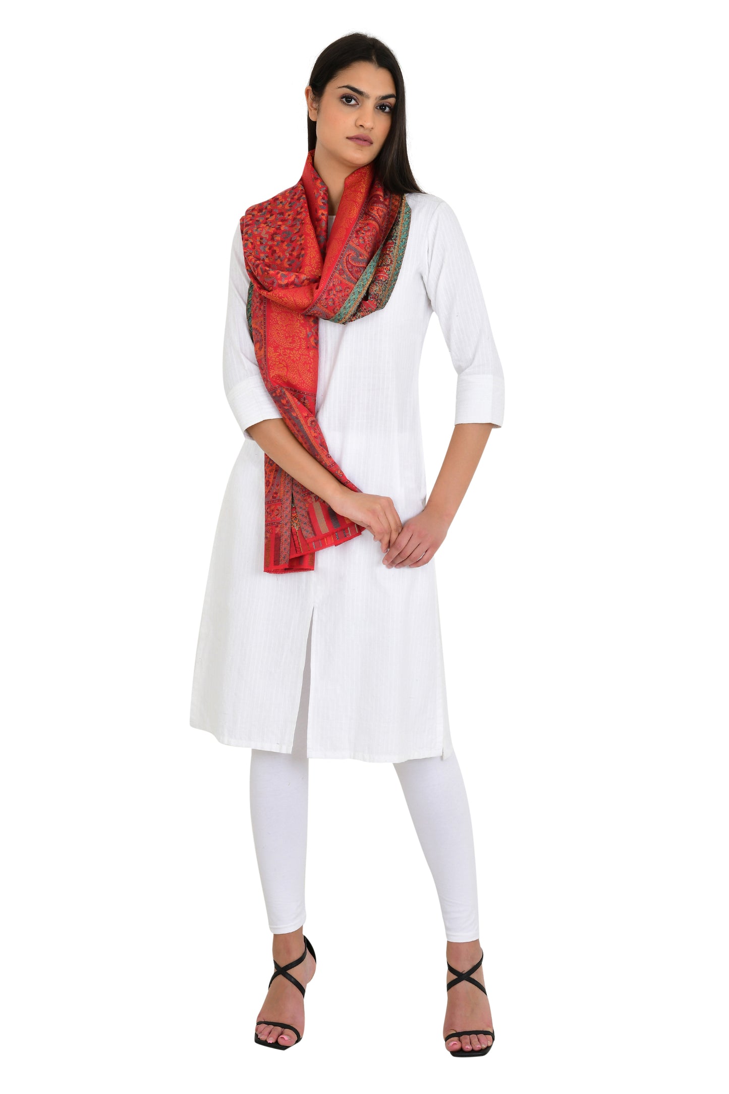 Bold Red Kaani Weaving Stole Shawl for Women with Floral Design and Zari Shimmer