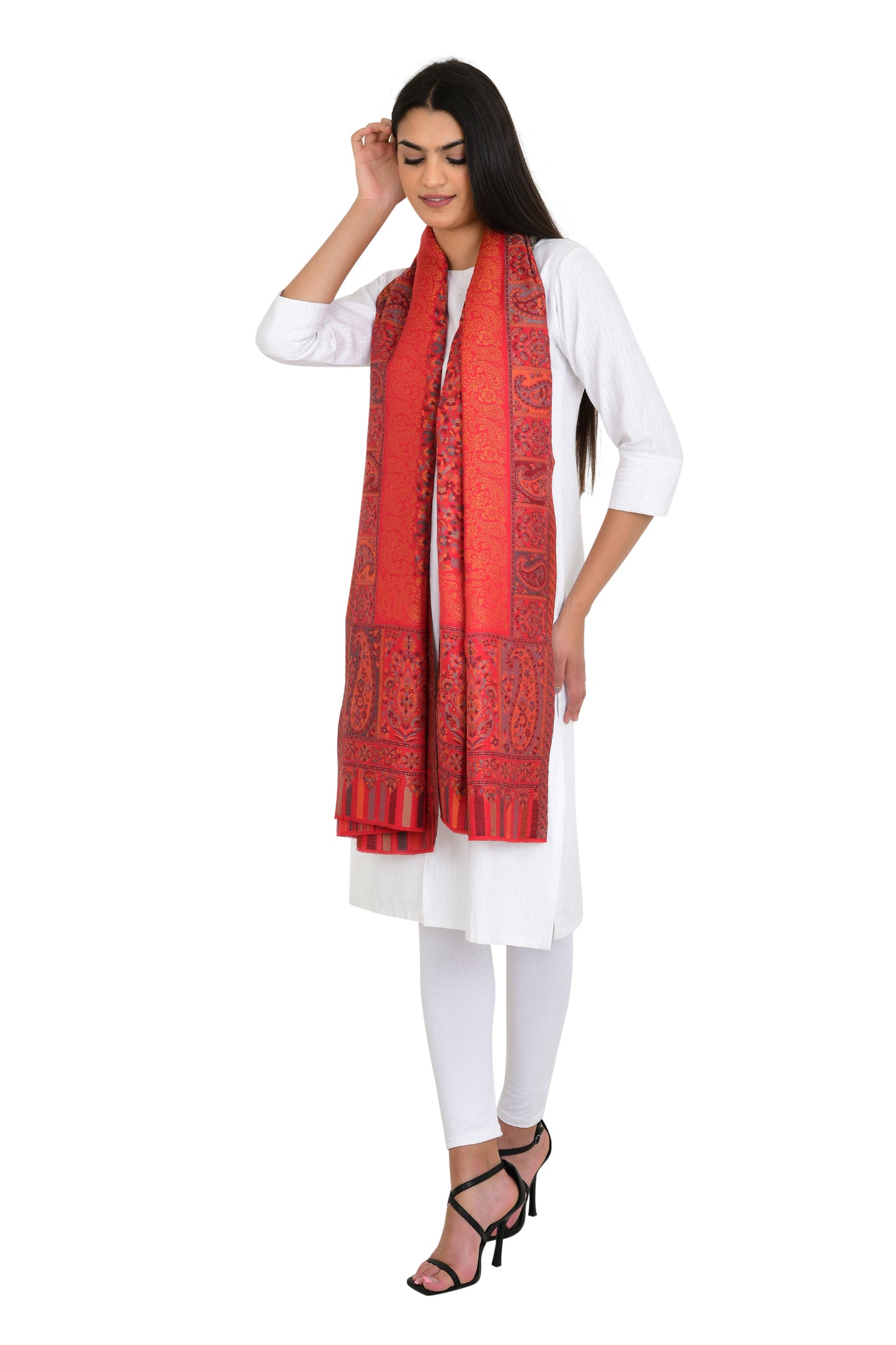 Bold Red Kaani Weaving Stole Shawl for Women with Floral Design and Zari Shimmer