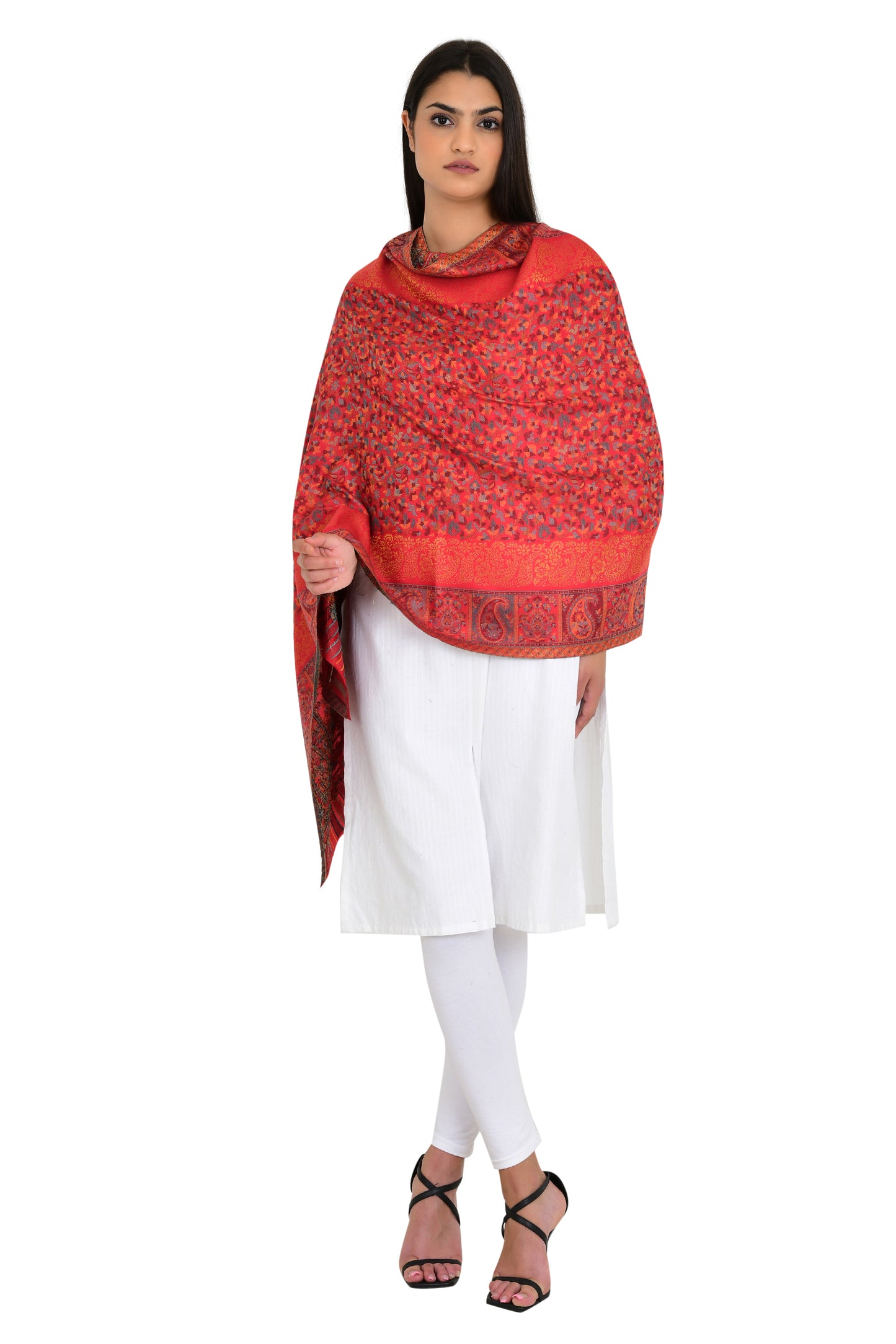 Bold Red Kaani Weaving Stole Shawl for Women with Floral Design and Zari Shimmer