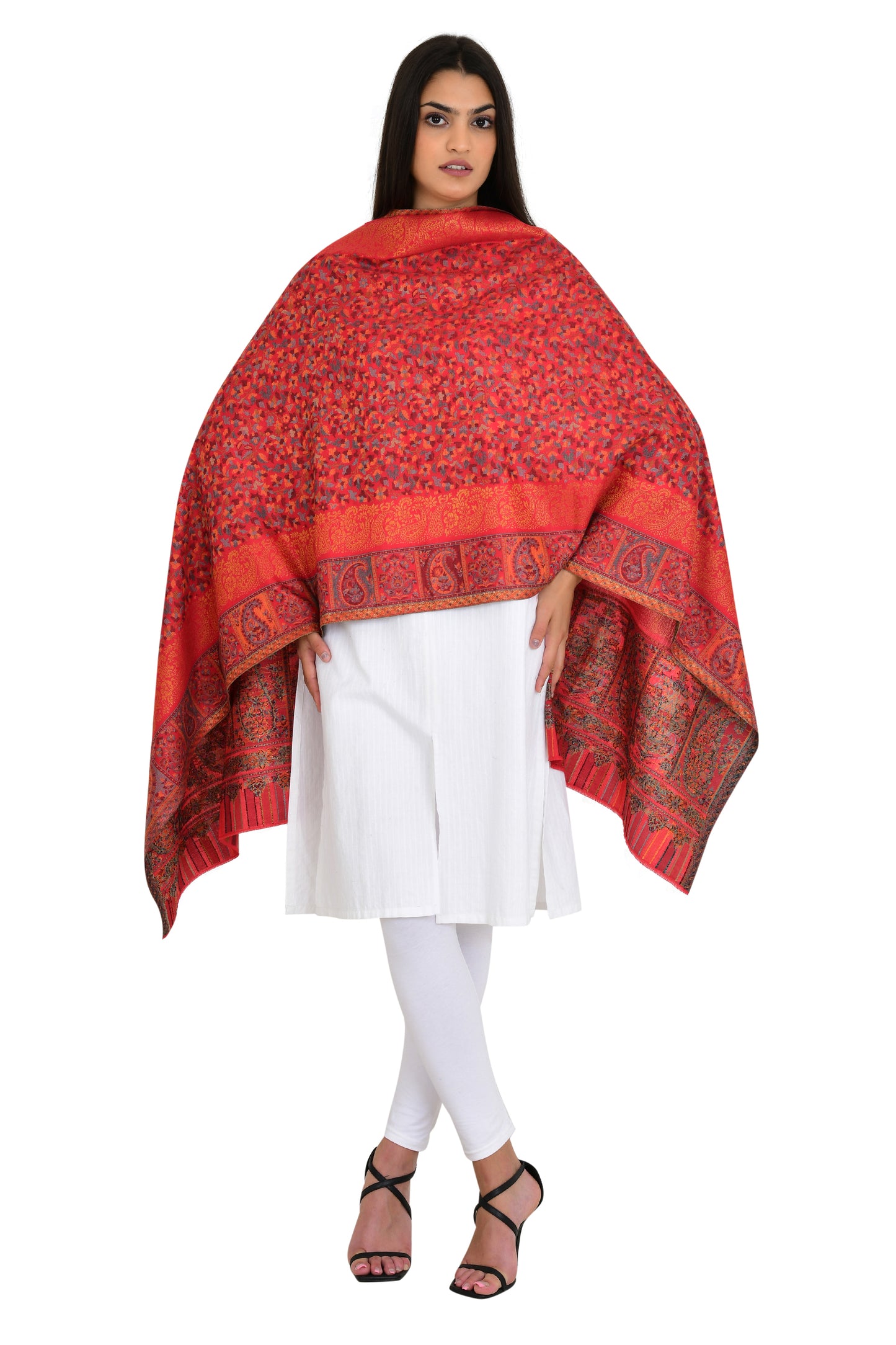 Bold Red Kaani Weaving Stole Shawl for Women with Floral Design and Zari Shimmer