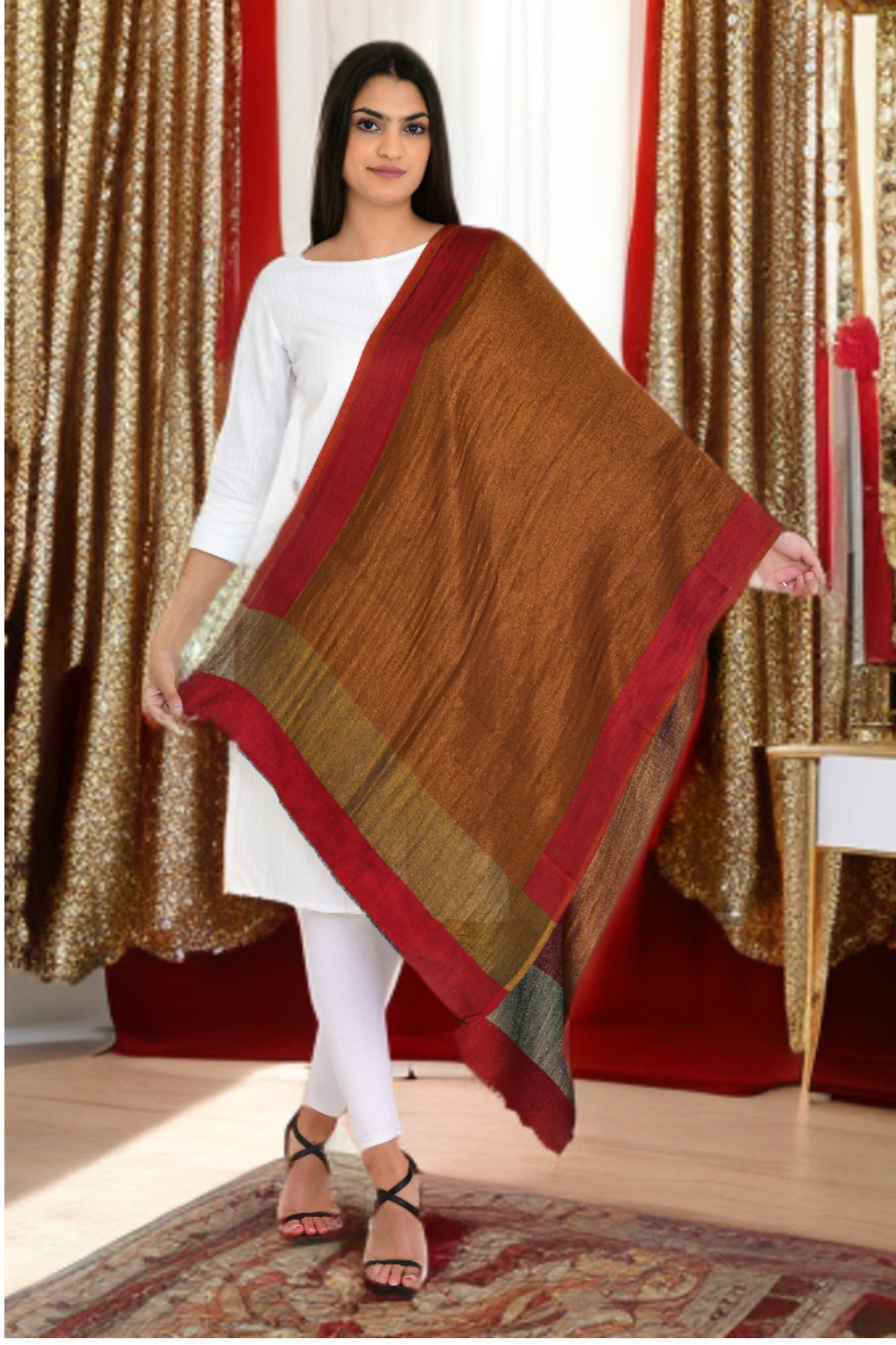 Radiant Red Gold Moonlight Zari Reversible Fine Wool Stole Shawl for Women