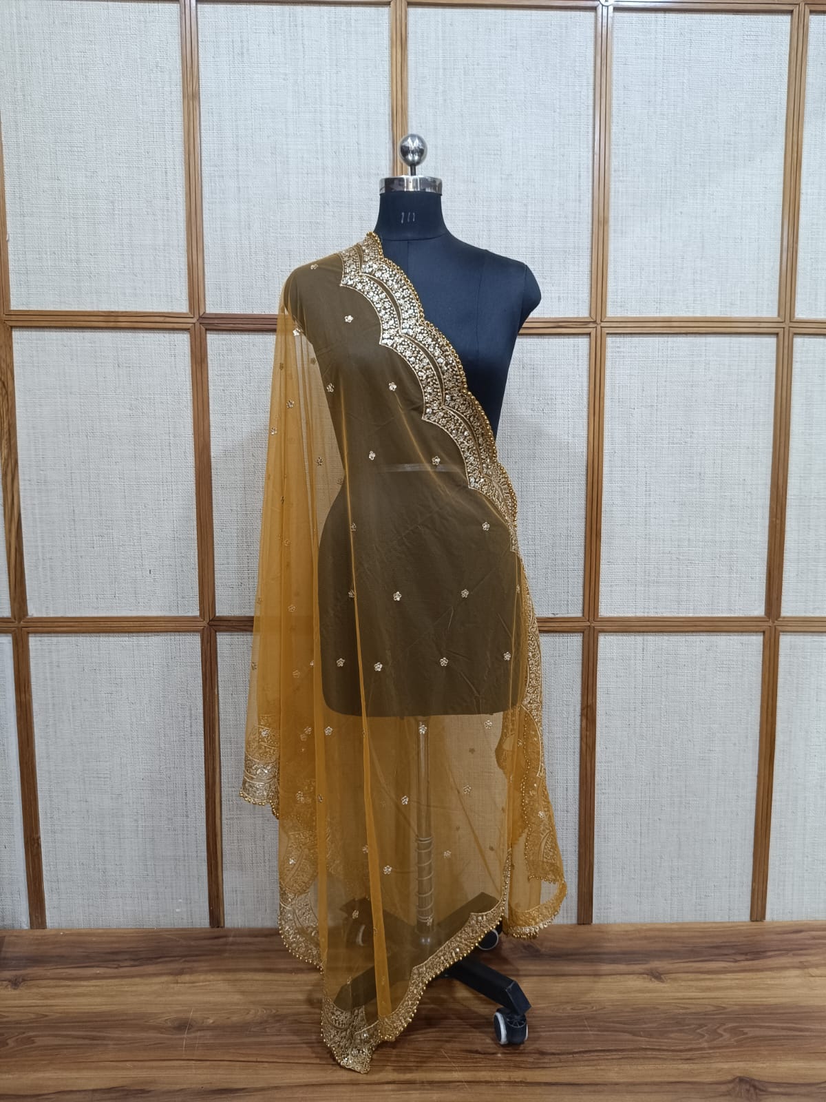 Pashloom Signature Occasion Net Dupatta with Scalloped Golden Pearl Cutwork & Zari Trim