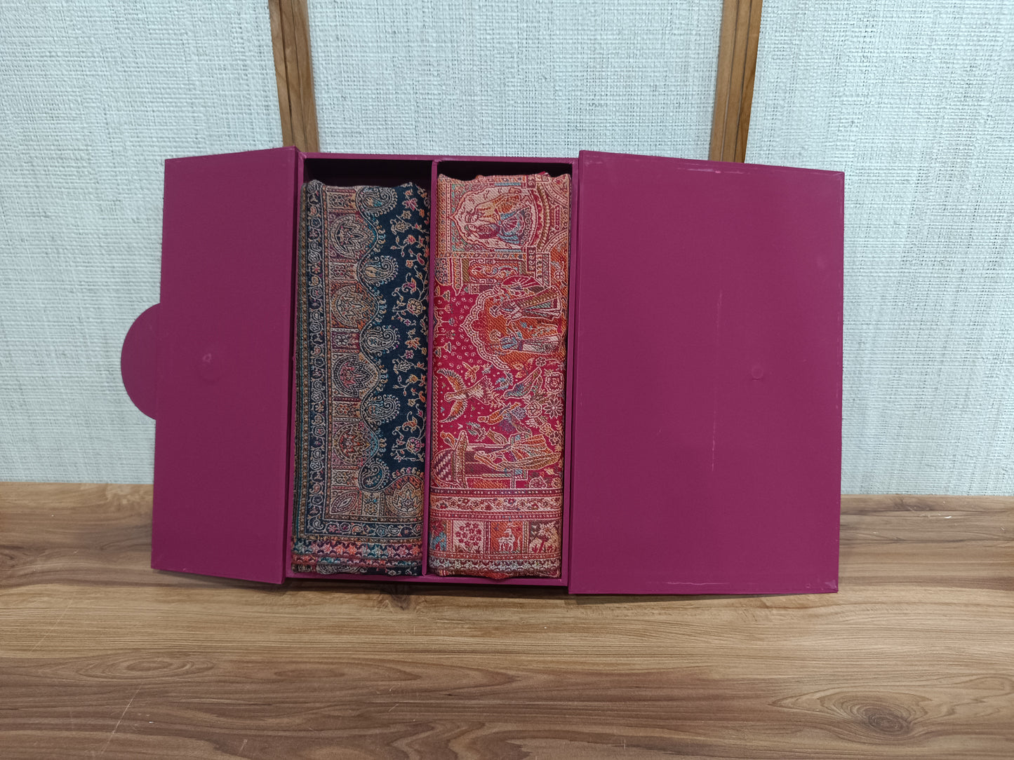 Pashloom baby pink, reddish pink, black, red semi wool couple shawl set for wedding and festive gifting, product image 11